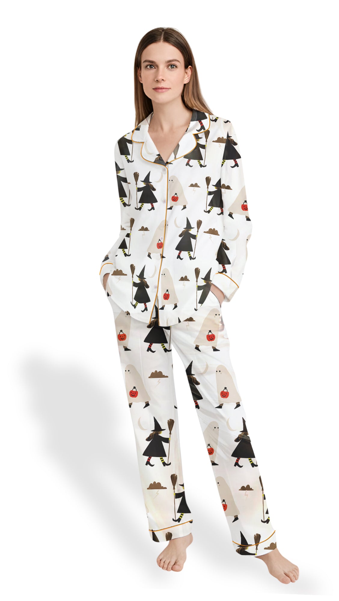 Women’s Halloween Pajama Set – Witch with Broom & Ghost with Pumpkin Satin PJs