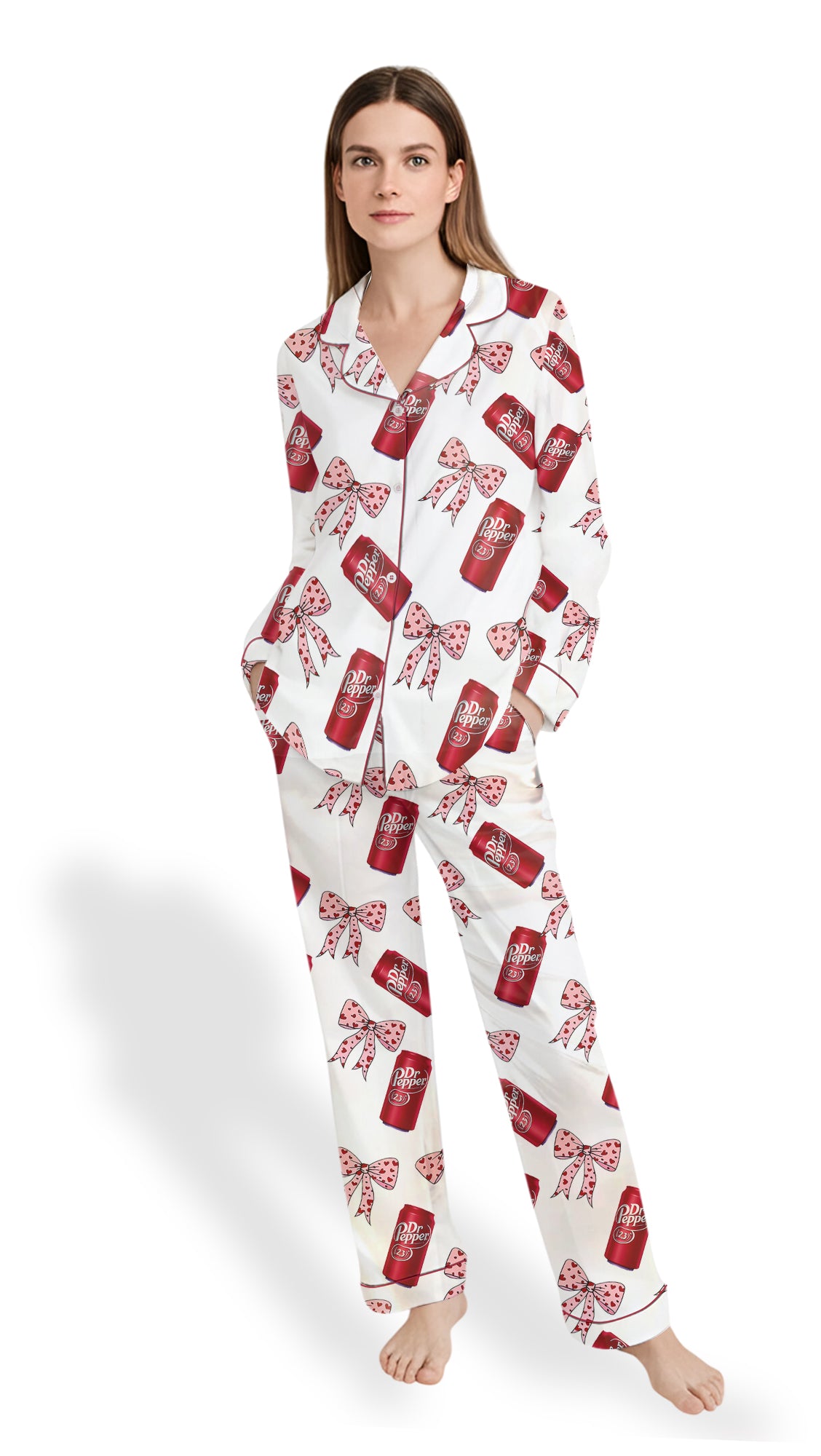 Women’s Pink Pepper Drink Coquette Bow Satin Pajama Set