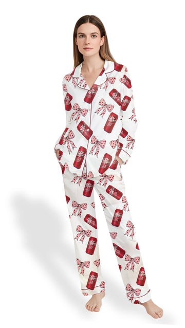Women’s Pink Pepper Drink Coquette Bow Satin Pajama Set