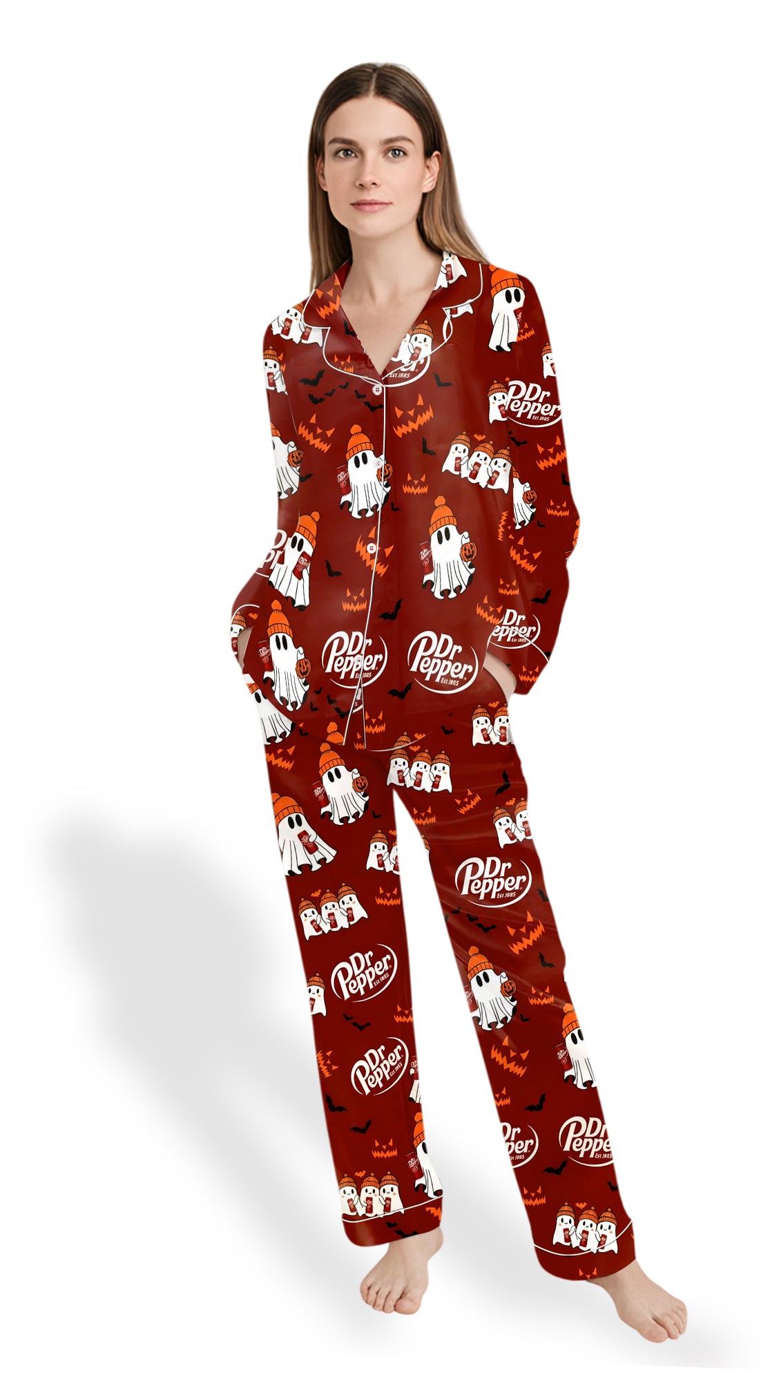 Dr PP Ghost Halloween Drink Satin Pajama Set for Women