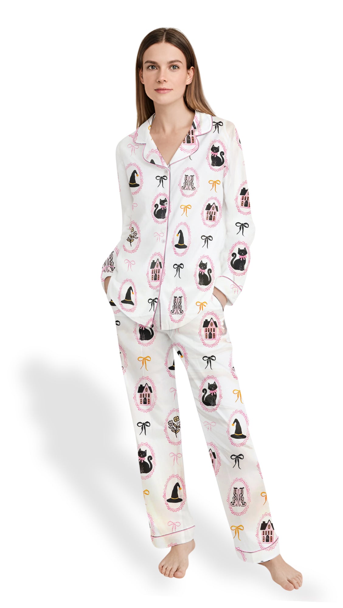 Coquette Bow Black Cat Satin Pajama Set – Cute Pink & Black Halloween PJs