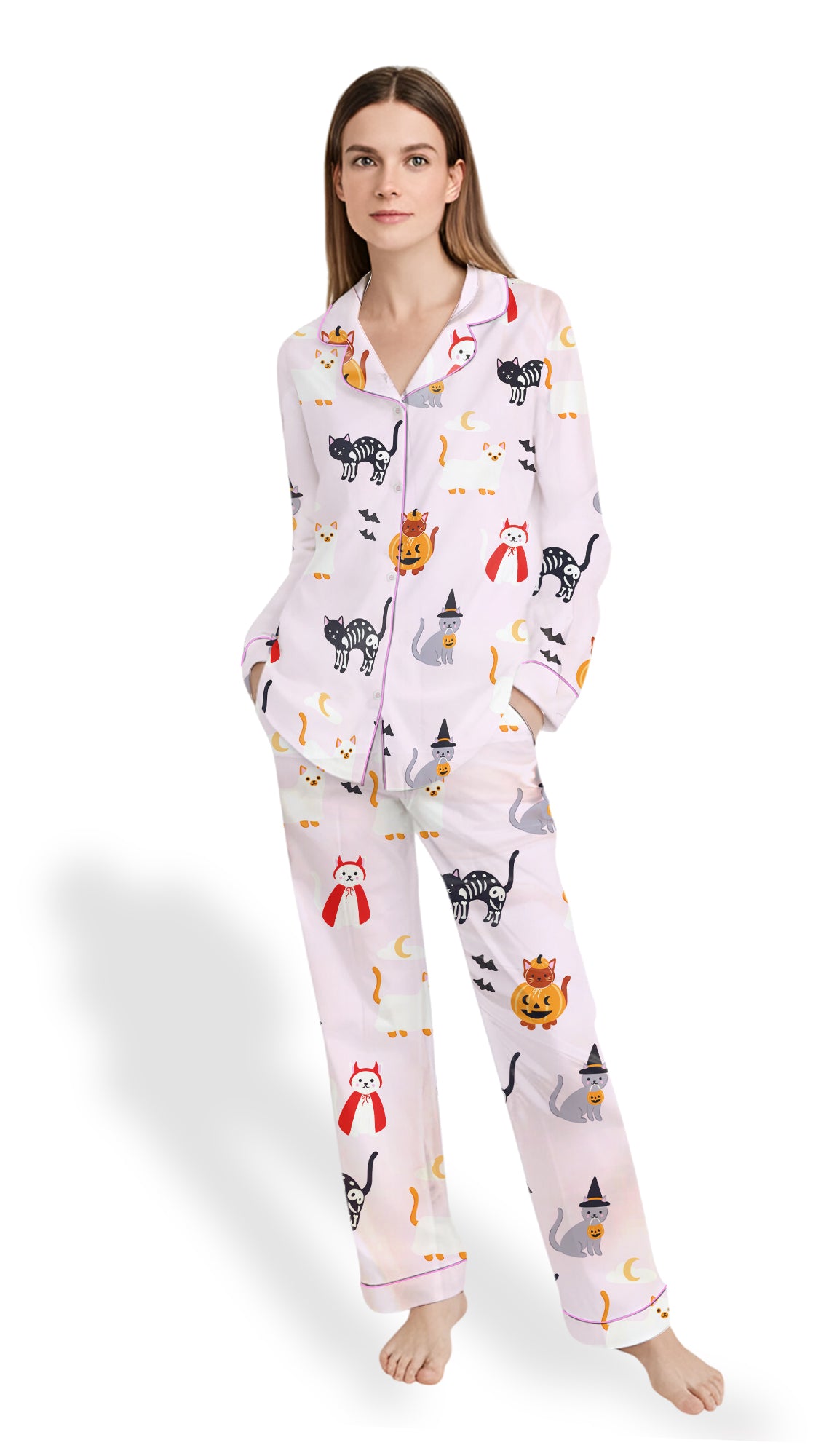 Lil Ghostie Cat & Pumpkin Satin Pajama Set – Halloween PJs
