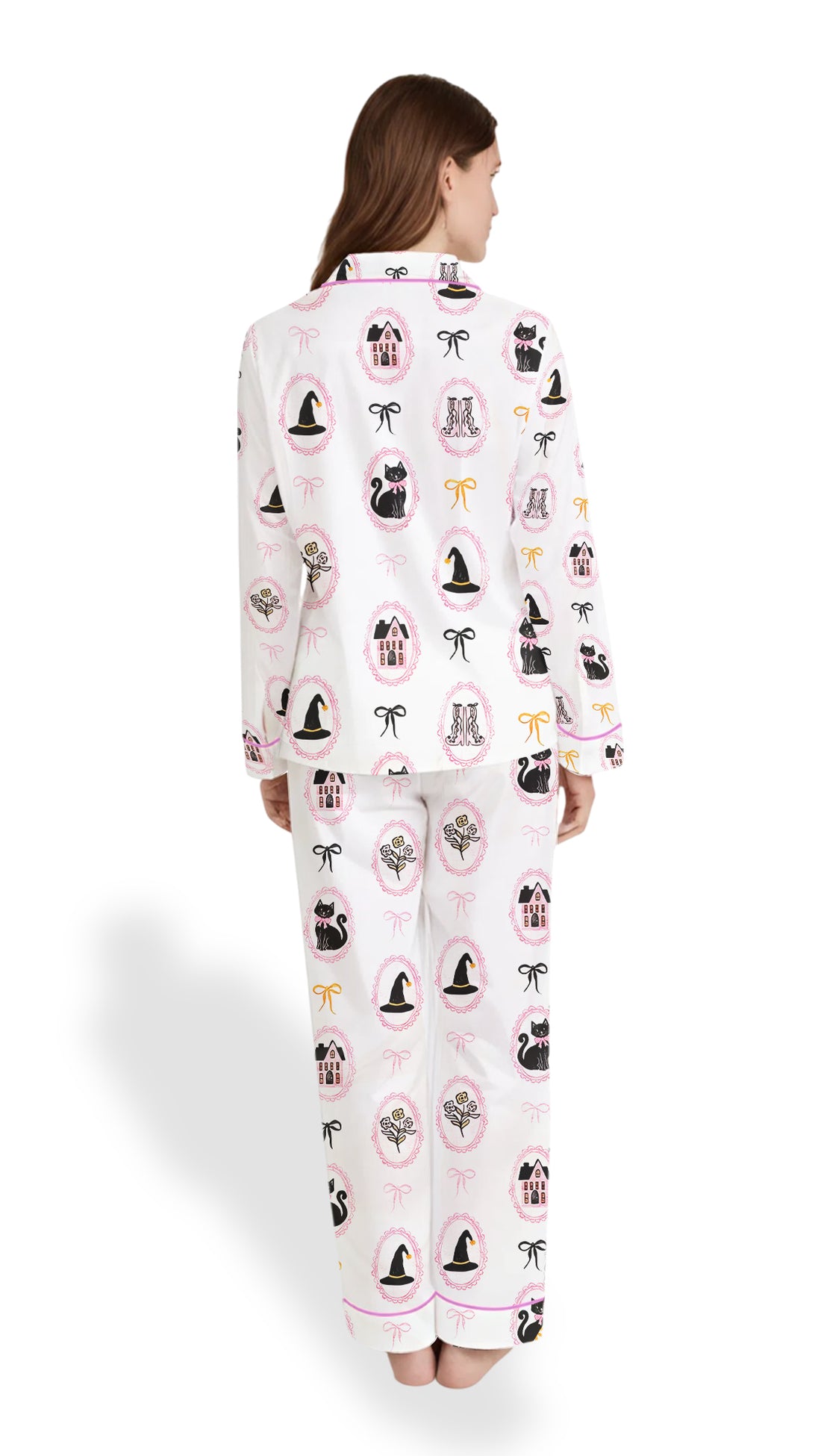 Coquette Bow Black Cat Satin Pajama Set – Cute Pink & Black Halloween PJs