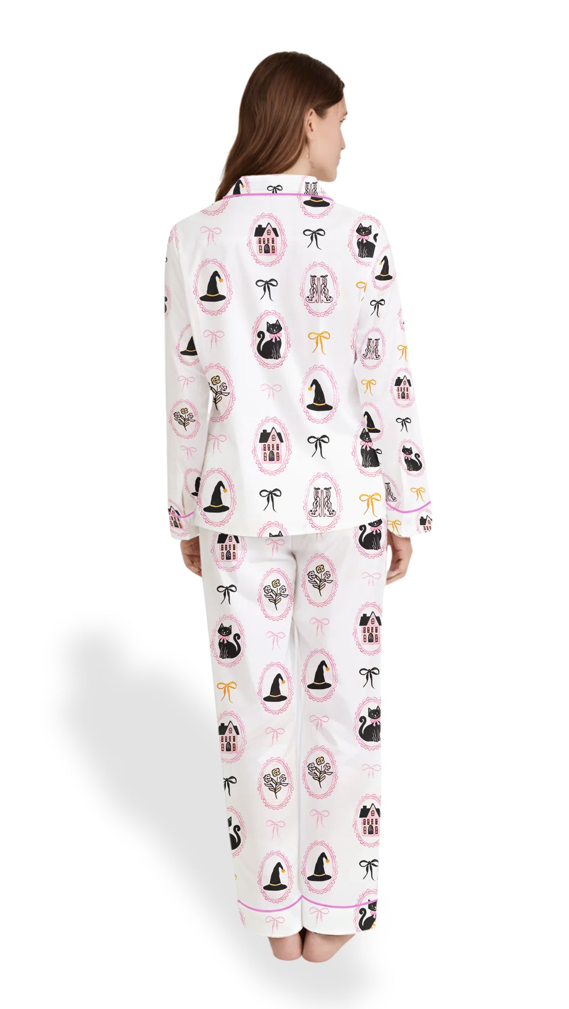 Coquette Bow Black Cat Satin Pajama Set – Cute Pink & Black Halloween PJs