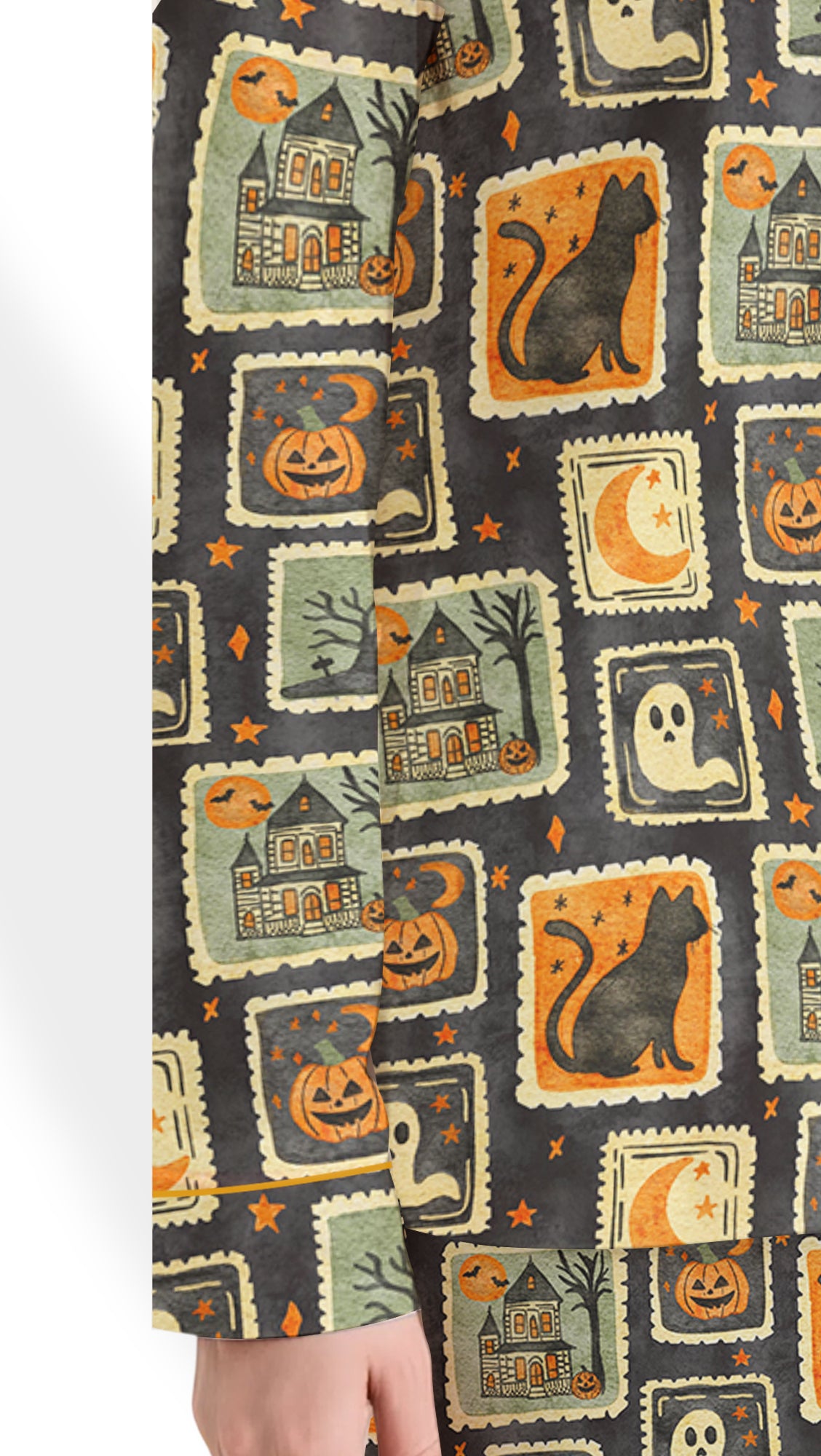 Women’s Watercolor Halloween Pajama Set – Ghost, Black Cat & Haunted House Satin PJs