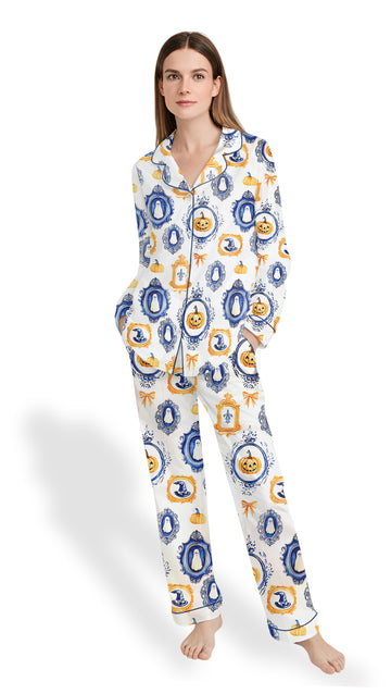 Women’s Autumn Halloween Satin Pajama Set – Pumpkin Spice & Ghost Print Short Sleeve PJs