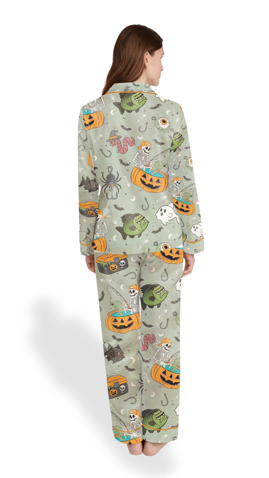 Halloween Fishing Skeleton Pajamas, Women’s Satin Long Sleeve PJ Set