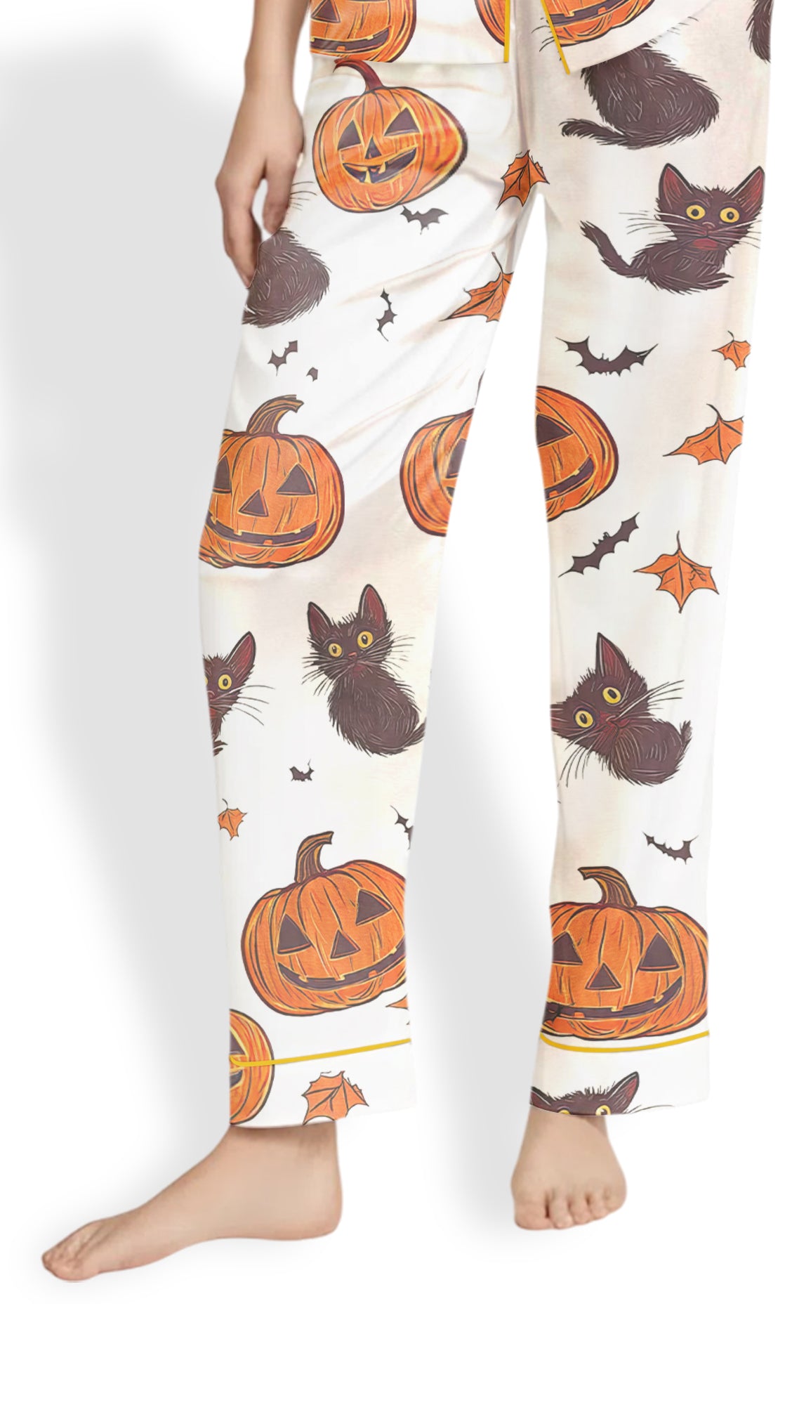 Women’s Satin Pajamas – Halloween Pumpkin Cat Sleepwear