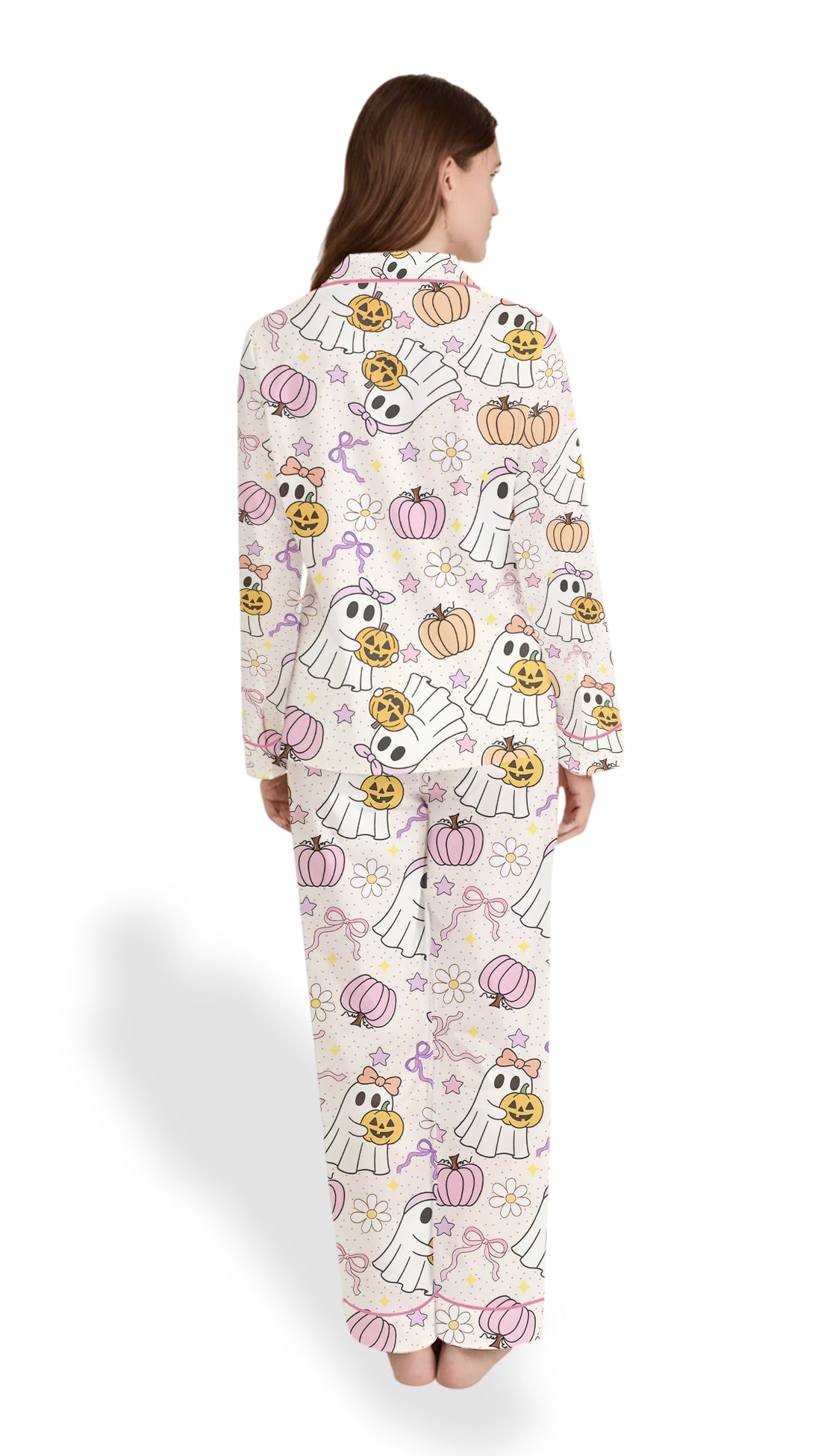 Women’s Halloween Pajama Set – Cute Ghosts & Pumpkins Satin PJs