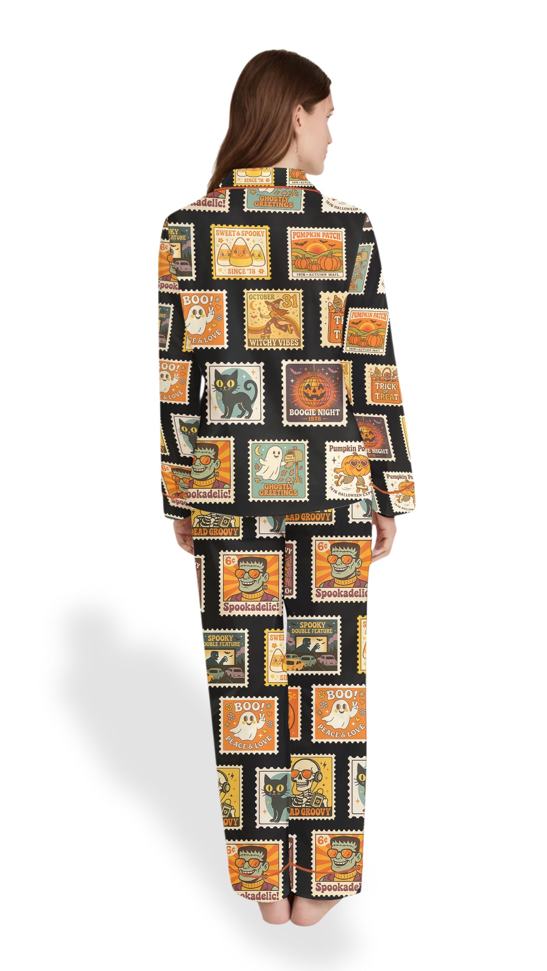 Women’s Vintage Halloween Postage Stamp Pajama Set – Spooky Pumpkins Satin Sleepwear