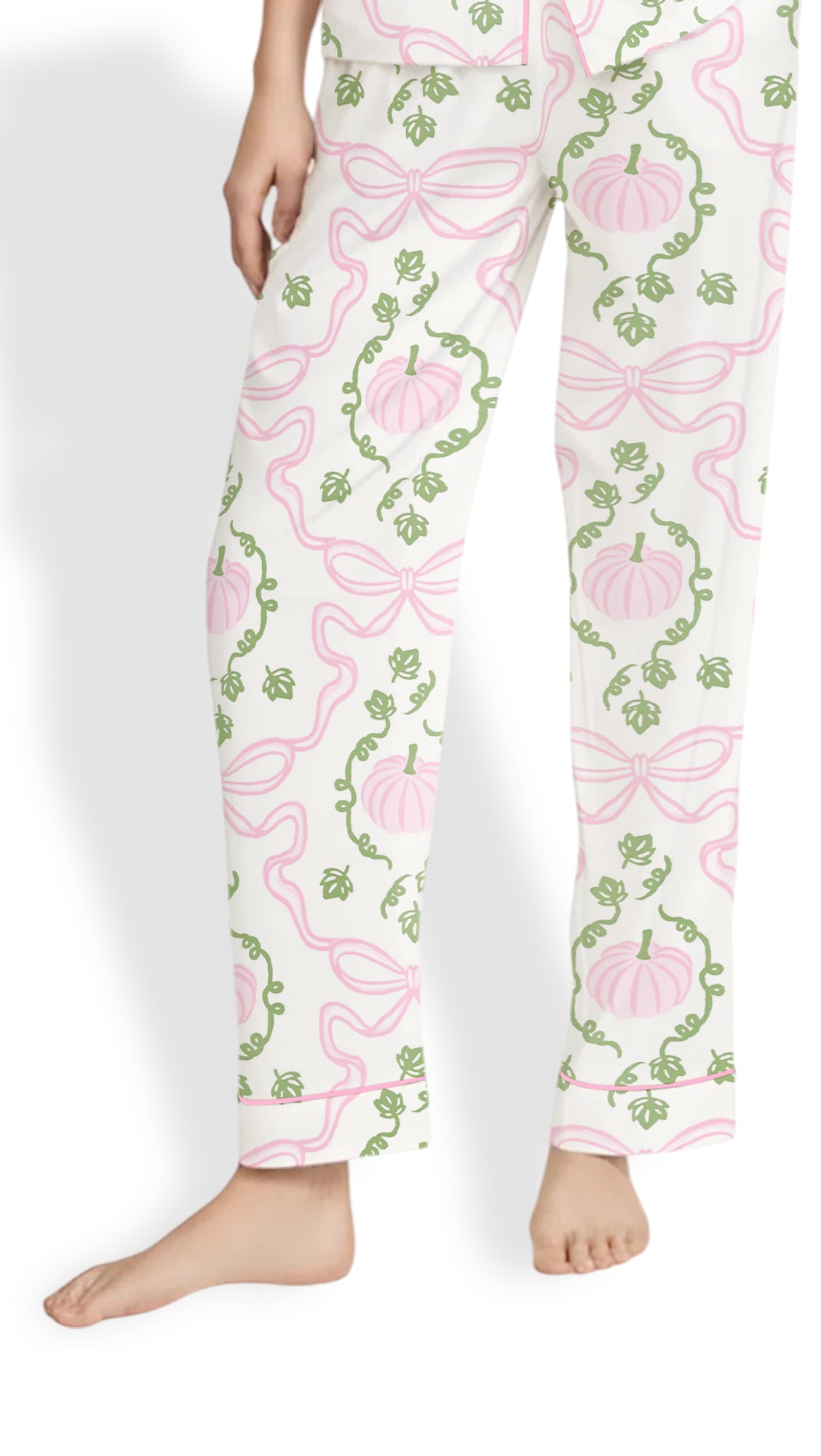 Pink Pumpkin & Bow Trellis Satin Sleepwear- Women’s Fall Pajama Set