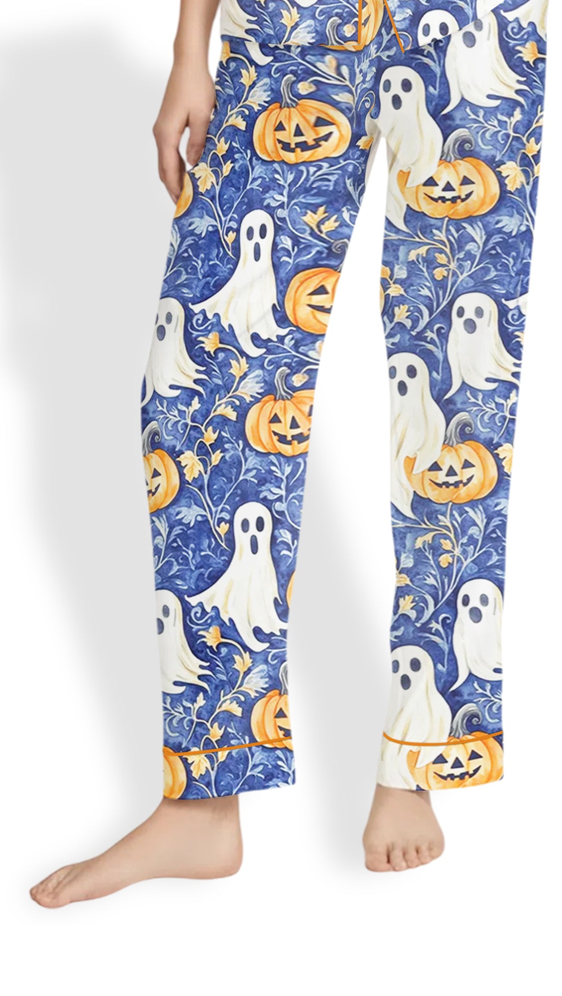 Women’s Ghost & Pumpkin Pajama Set – Preppy Halloween Satin Sleepwear