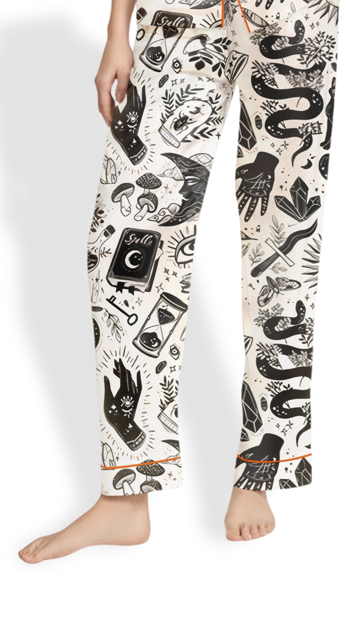 Women’s Witchy Things Pajama Set – Black & White Halloween Cat Satin PJs