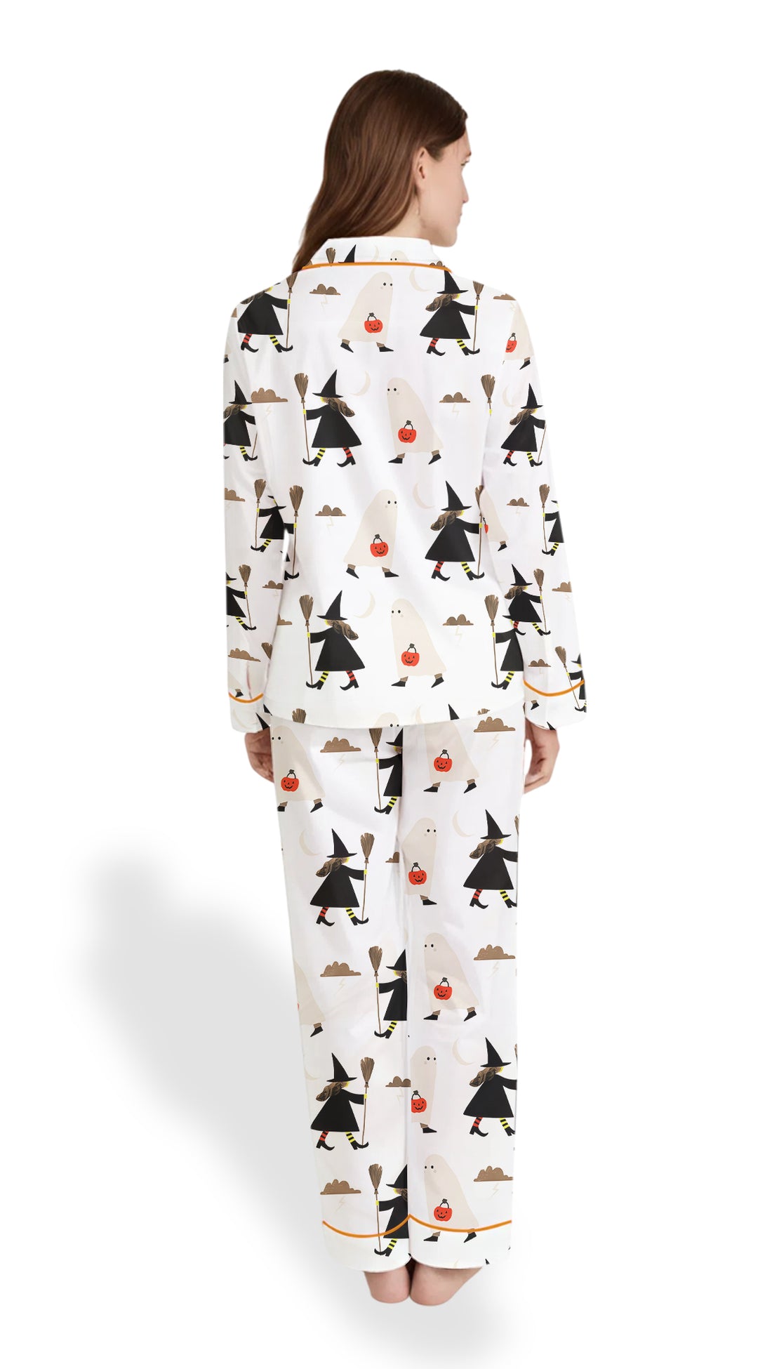 Women’s Halloween Pajama Set – Witch with Broom & Ghost with Pumpkin Satin PJs