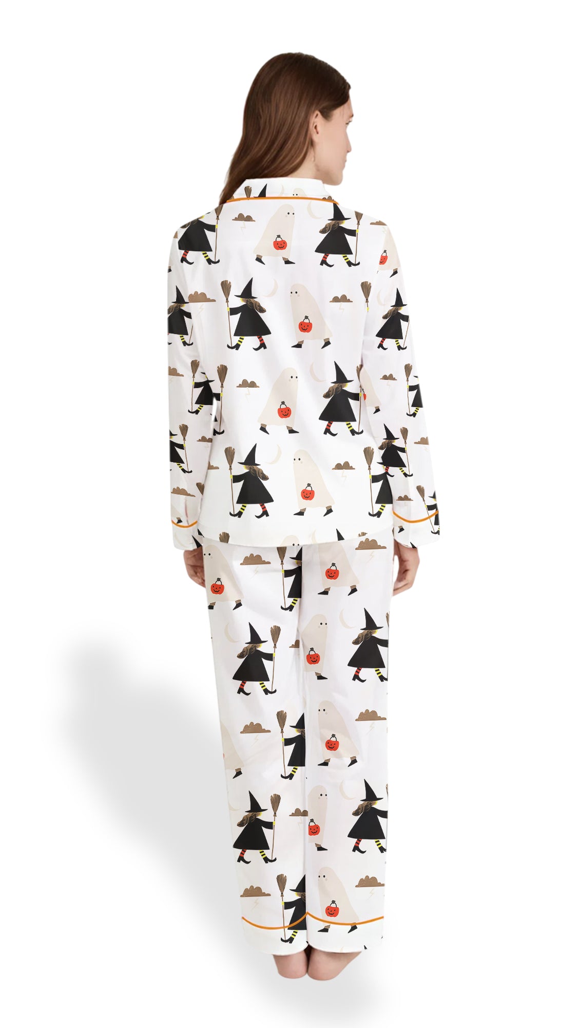 Women’s Halloween Pajama Set – Witch with Broom & Ghost with Pumpkin Satin PJs