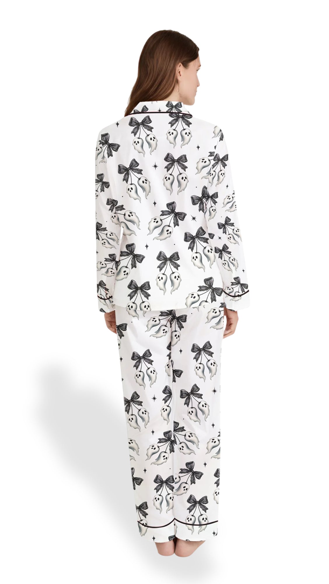 Black Lace Ghost & Star Satin Pajama Set – Halloween PJs