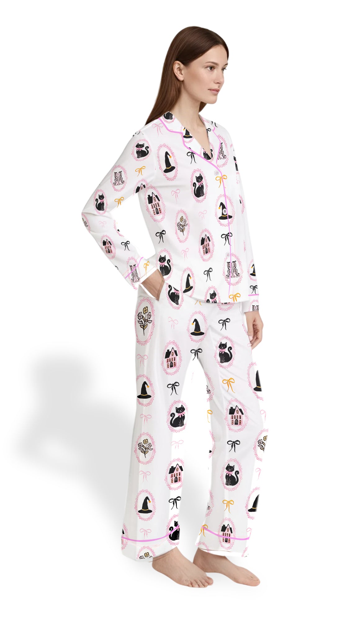 Coquette Bow Black Cat Satin Pajama Set – Cute Pink & Black Halloween PJs