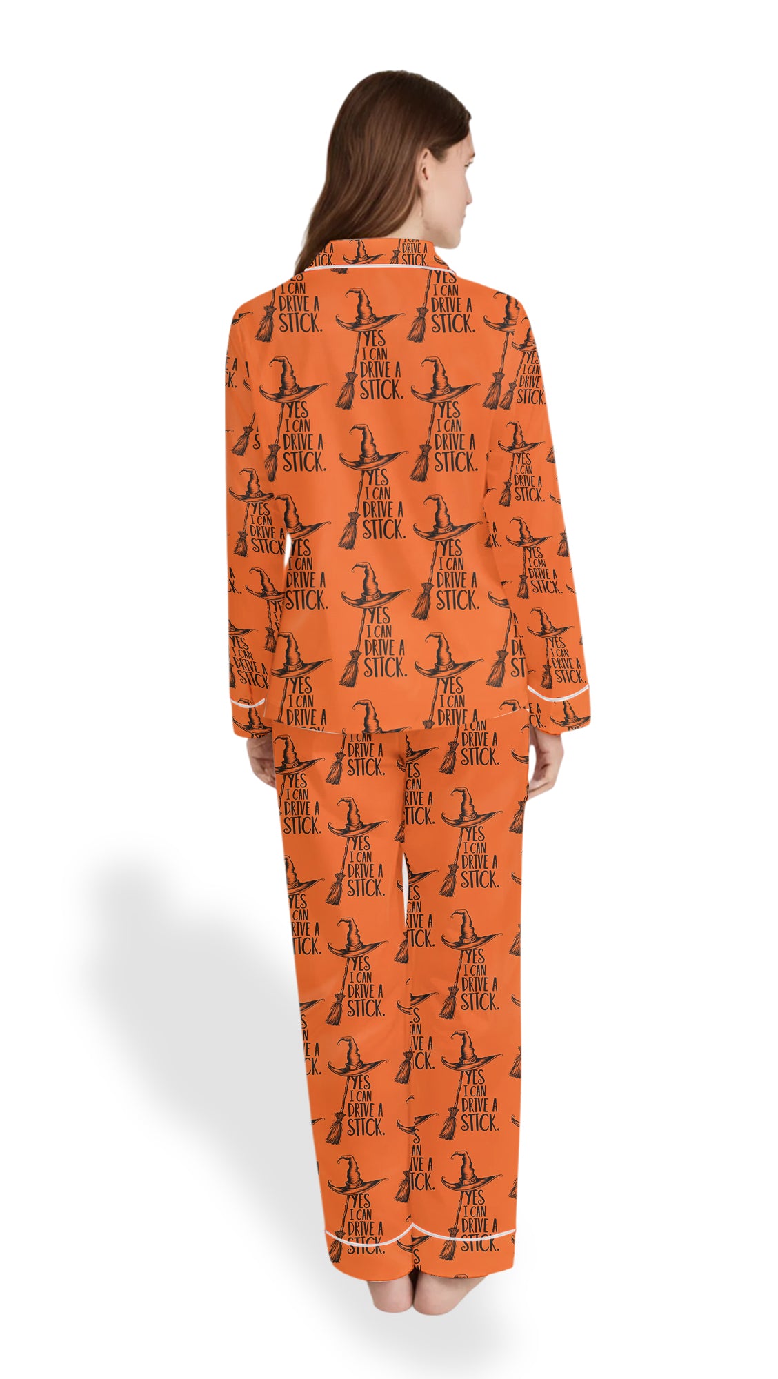 Yes I Can Drive A Stick Pajama Set – Women’s Halloween Witch Long Sleeve Satin PJs