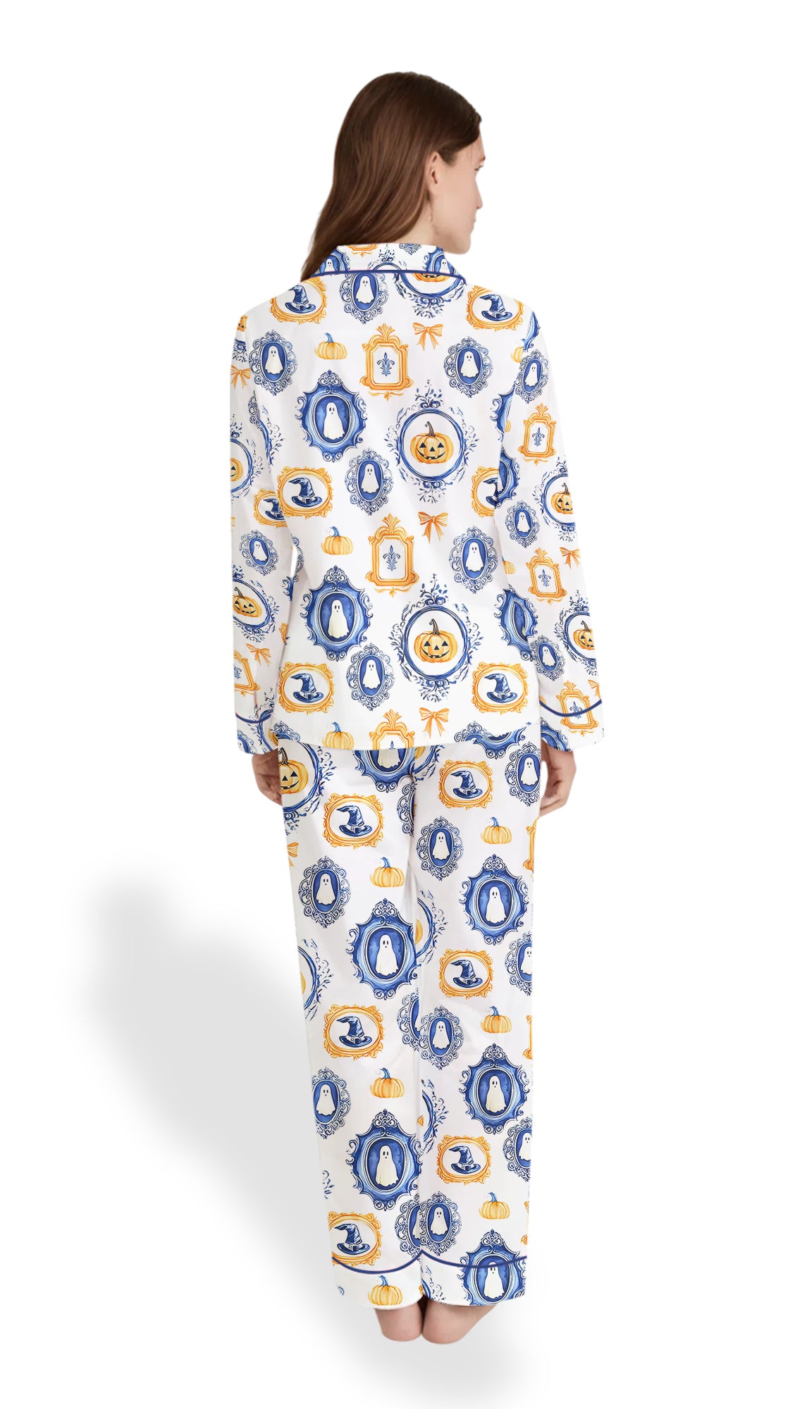 Women’s Autumn Halloween Satin Pajama Set – Pumpkin Spice & Ghost Print Short Sleeve PJs