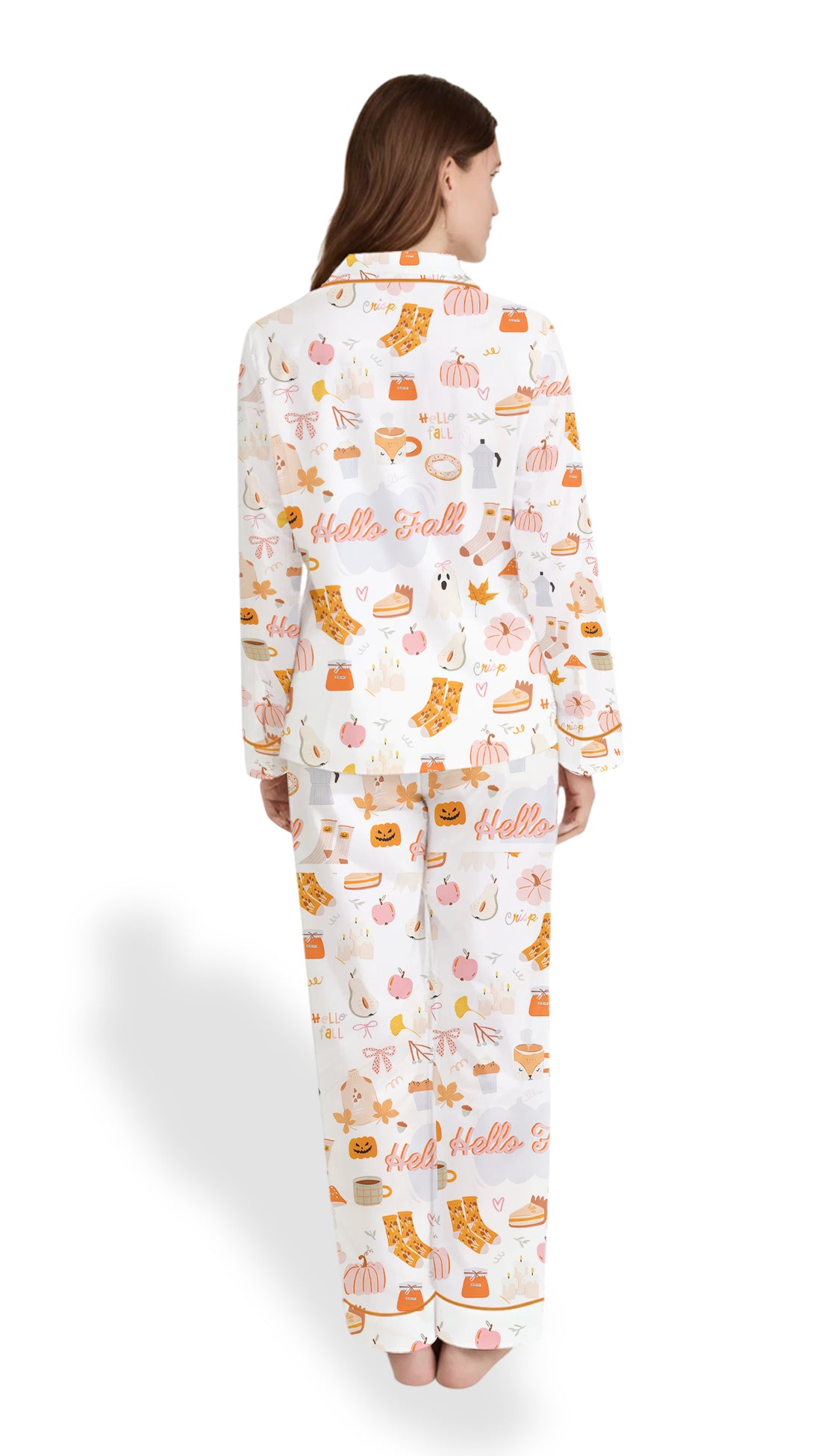 Women’s Fall Cozy Halloween Satin Pajama Set – Pumpkin Spice & Ghost Print