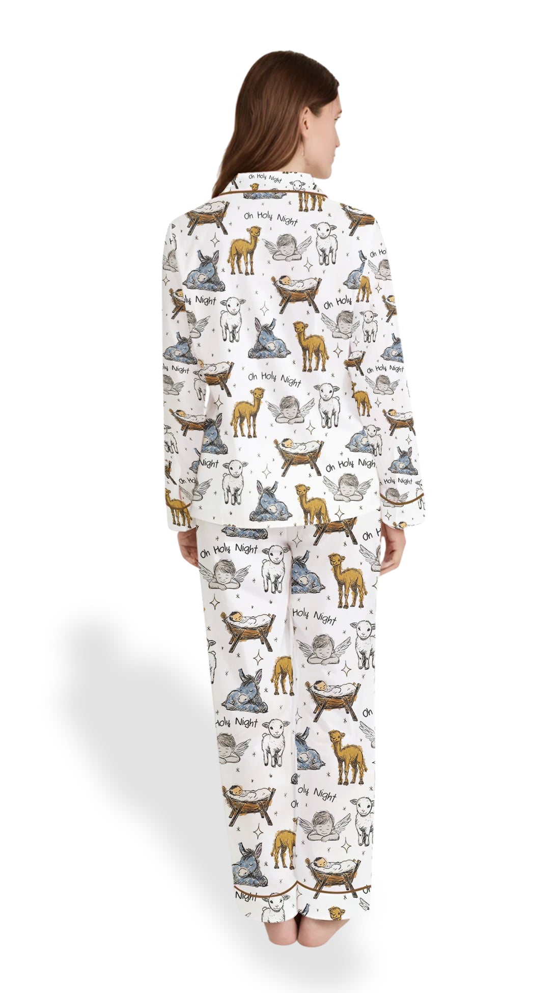 Women’s Baby Jesus Christmas Satin Pajama Set – Manger & Animals PJs