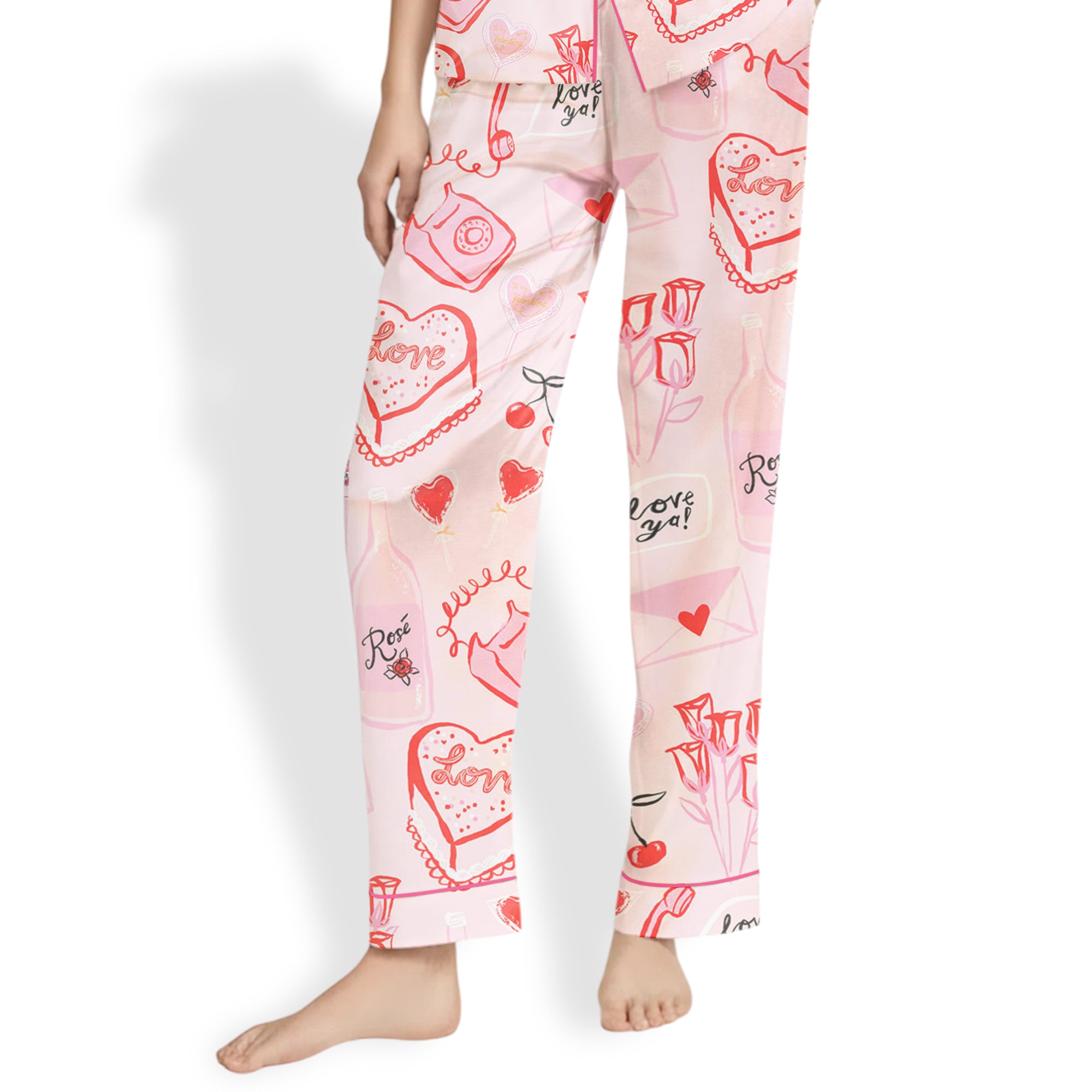 Valentine's Day Heart Shaped Lolipops Roses And Red Lipsticks  Pajama Set for Women