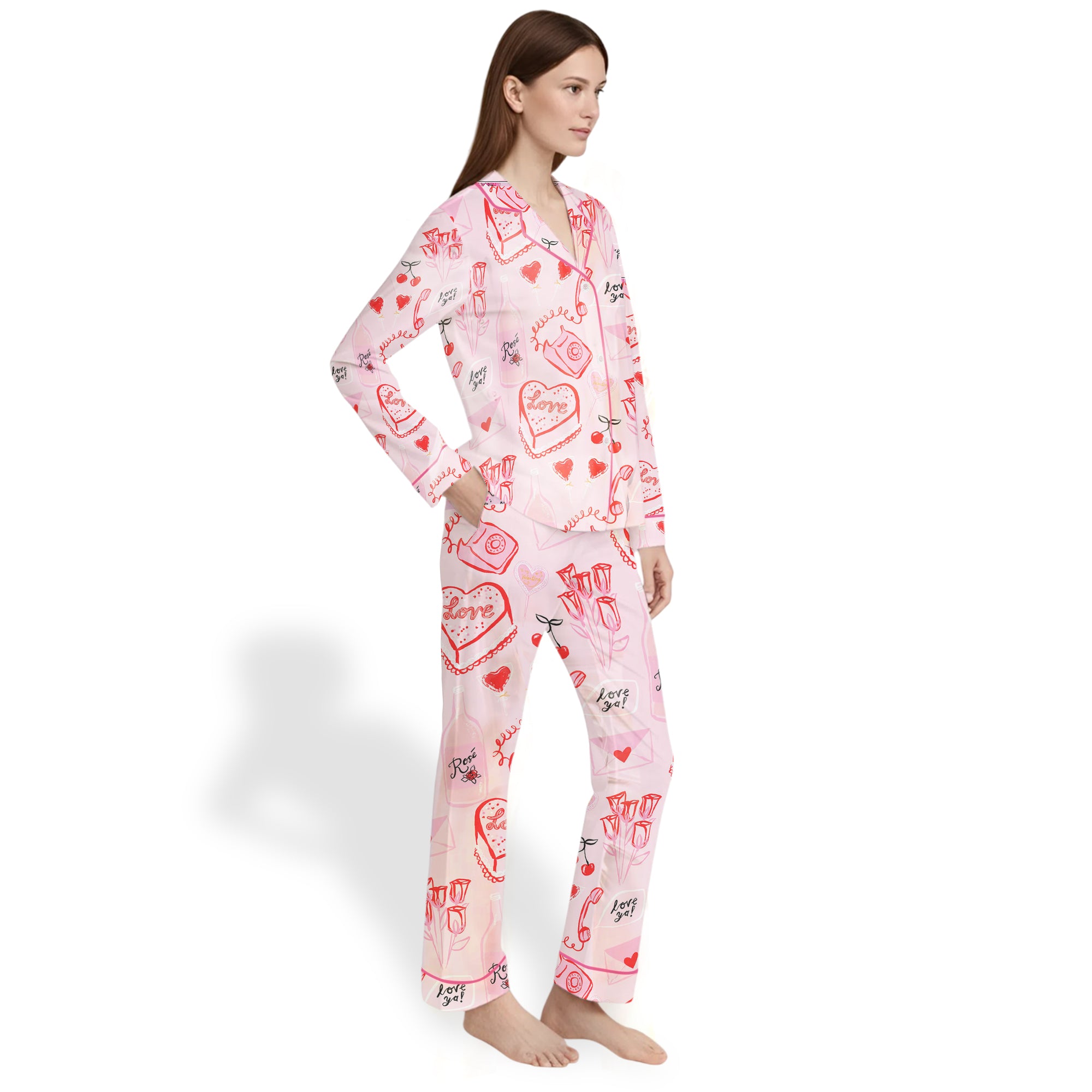 Valentine's Day Heart Shaped Lolipops Roses And Red Lipsticks  Pajama Set for Women