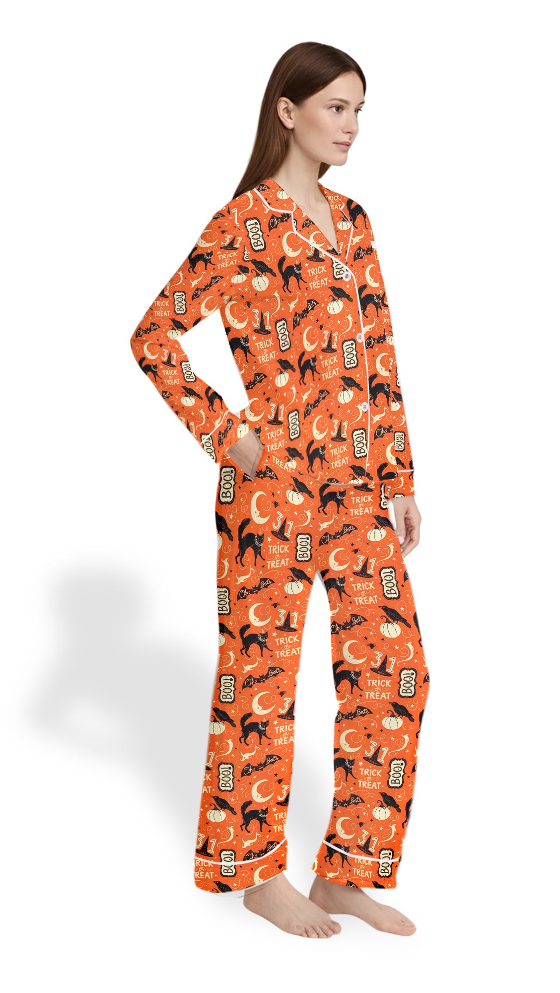 Halloween Vintage Halloween Trick Or Treat Boo Black Cat Pumpkin Bat Pajama Set