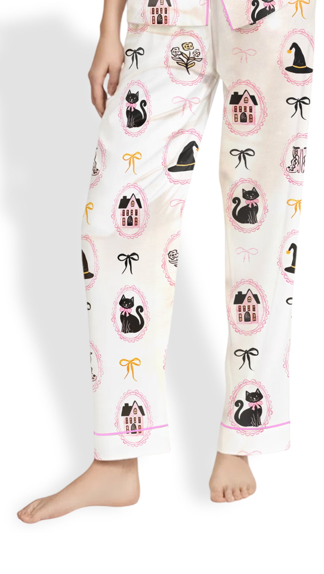 Coquette Bow Black Cat Satin Pajama Set – Cute Pink & Black Halloween PJs
