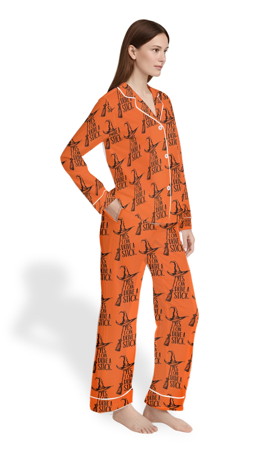 Yes I Can Drive A Stick Pajama Set – Women’s Halloween Witch Long Sleeve Satin PJs