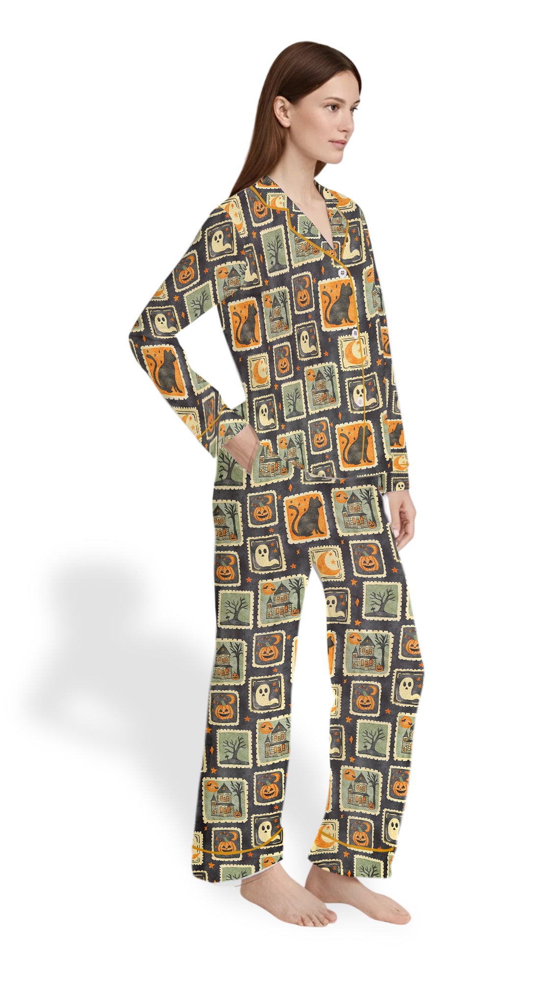 Women’s Watercolor Halloween Pajama Set – Ghost, Black Cat & Haunted House Satin PJs