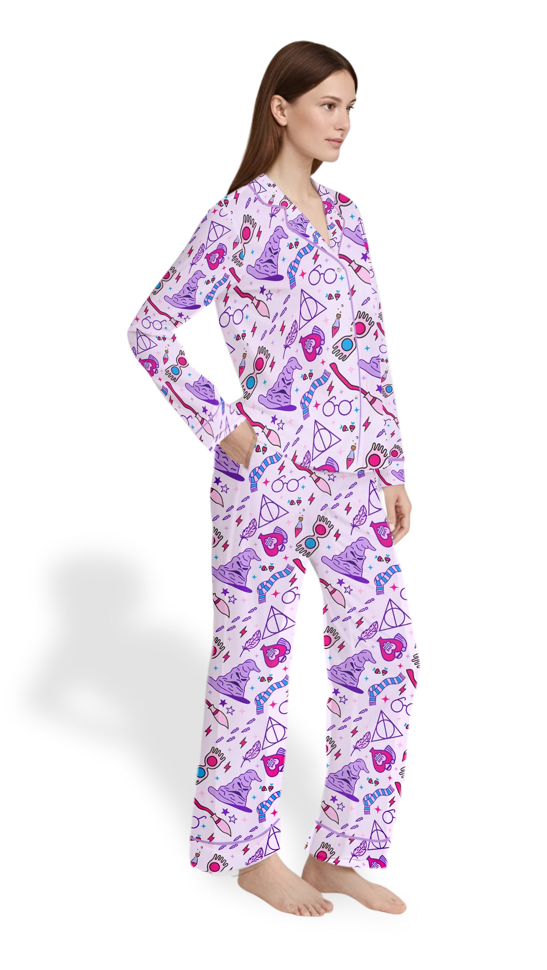 Women’s Witch Halloween Satin Pajama Set – Long Sleeve Spooky PJs