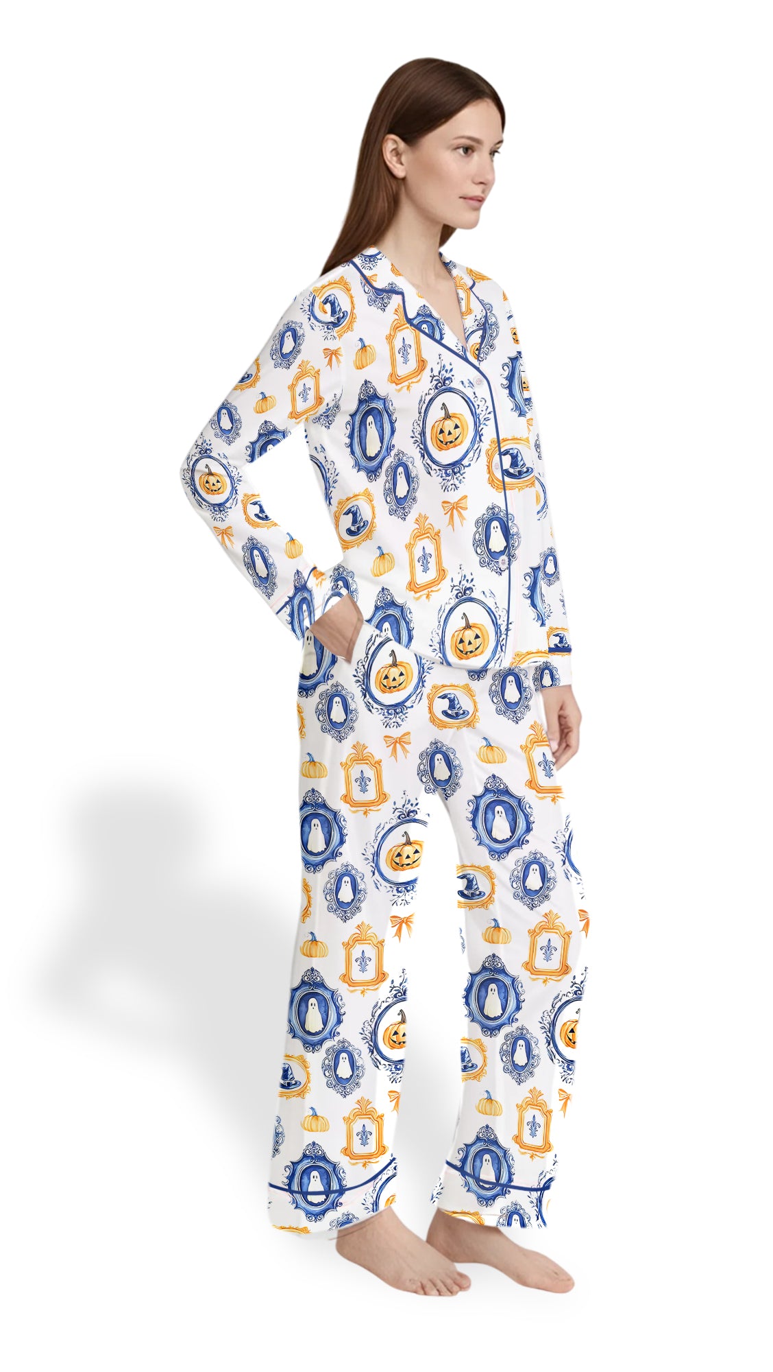 Women’s Autumn Halloween Satin Pajama Set – Pumpkin Spice & Ghost Print Short Sleeve PJs