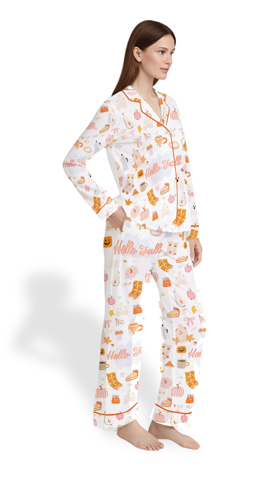 Women’s Fall Cozy Halloween Satin Pajama Set – Pumpkin Spice & Ghost Print