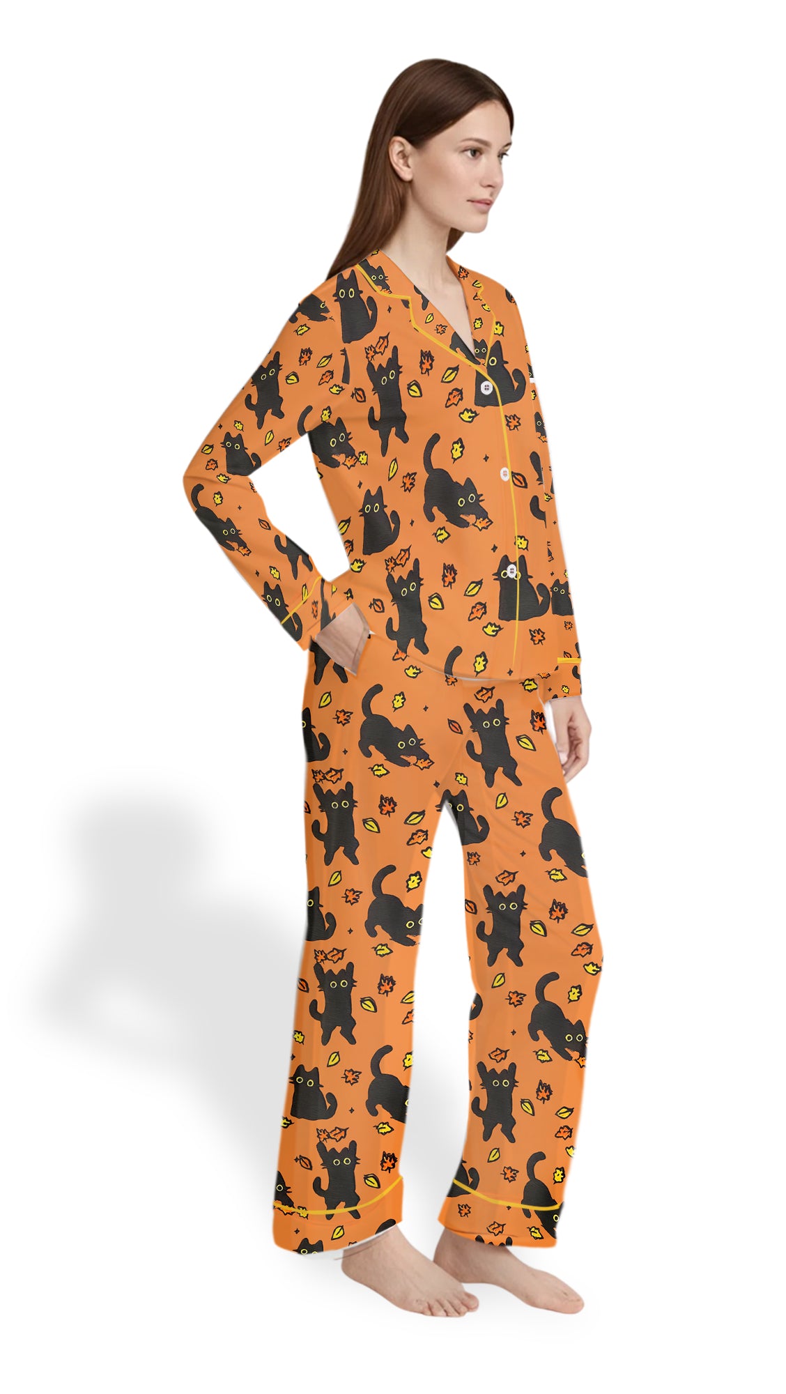 Women’s Black Cat Fall Halloween Satin Pajama Set