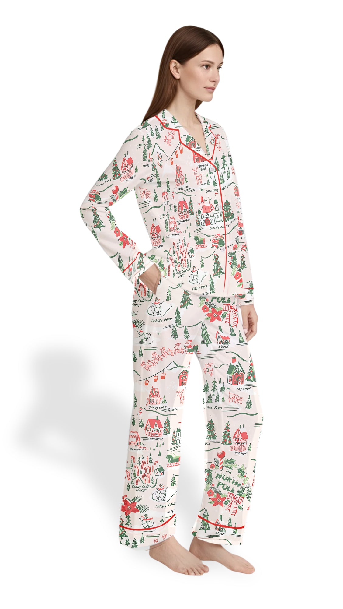 North Pole Village Map Christmas Satin Pajama Set – Retro Holiday PJs