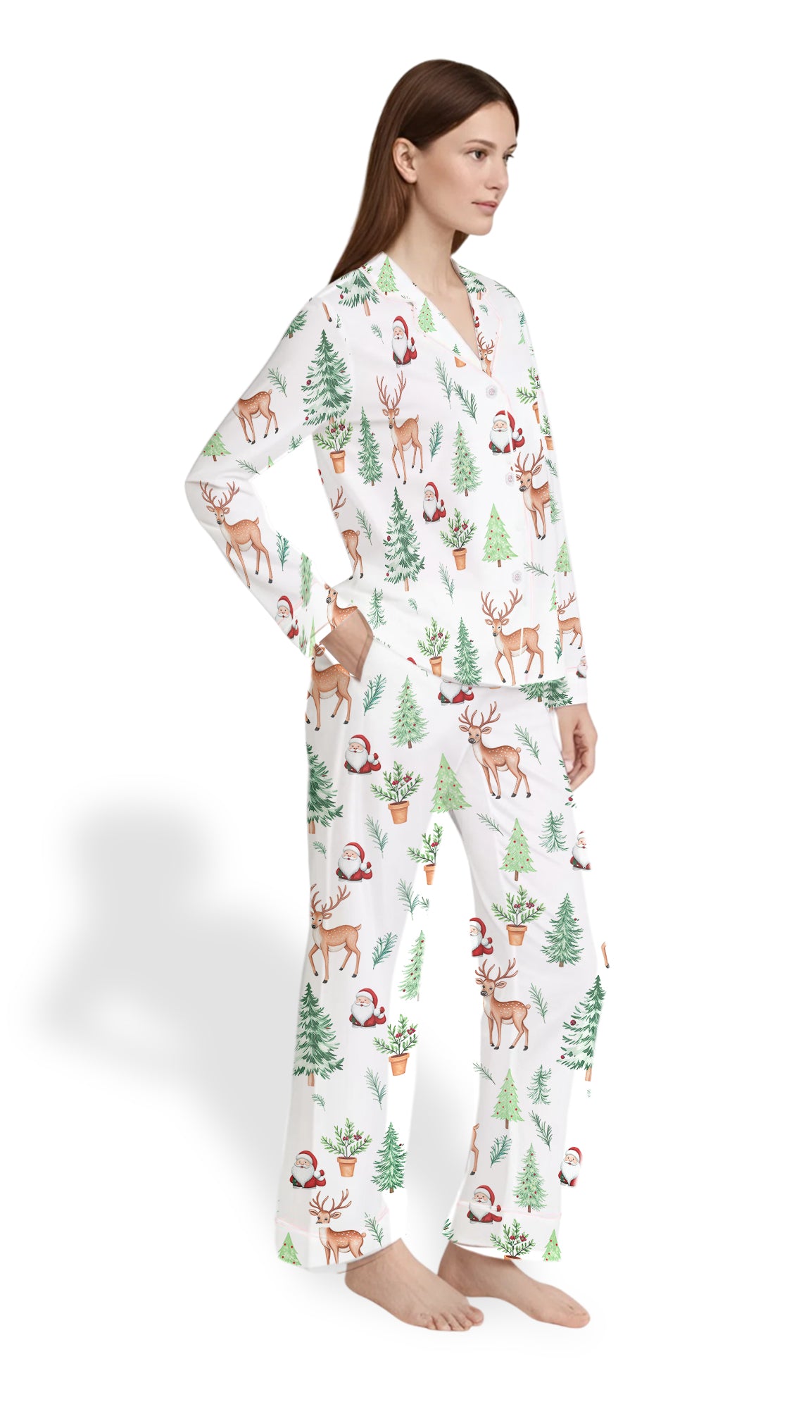 White Christmas Reindeer Santa Women’s Satin Pajama Set