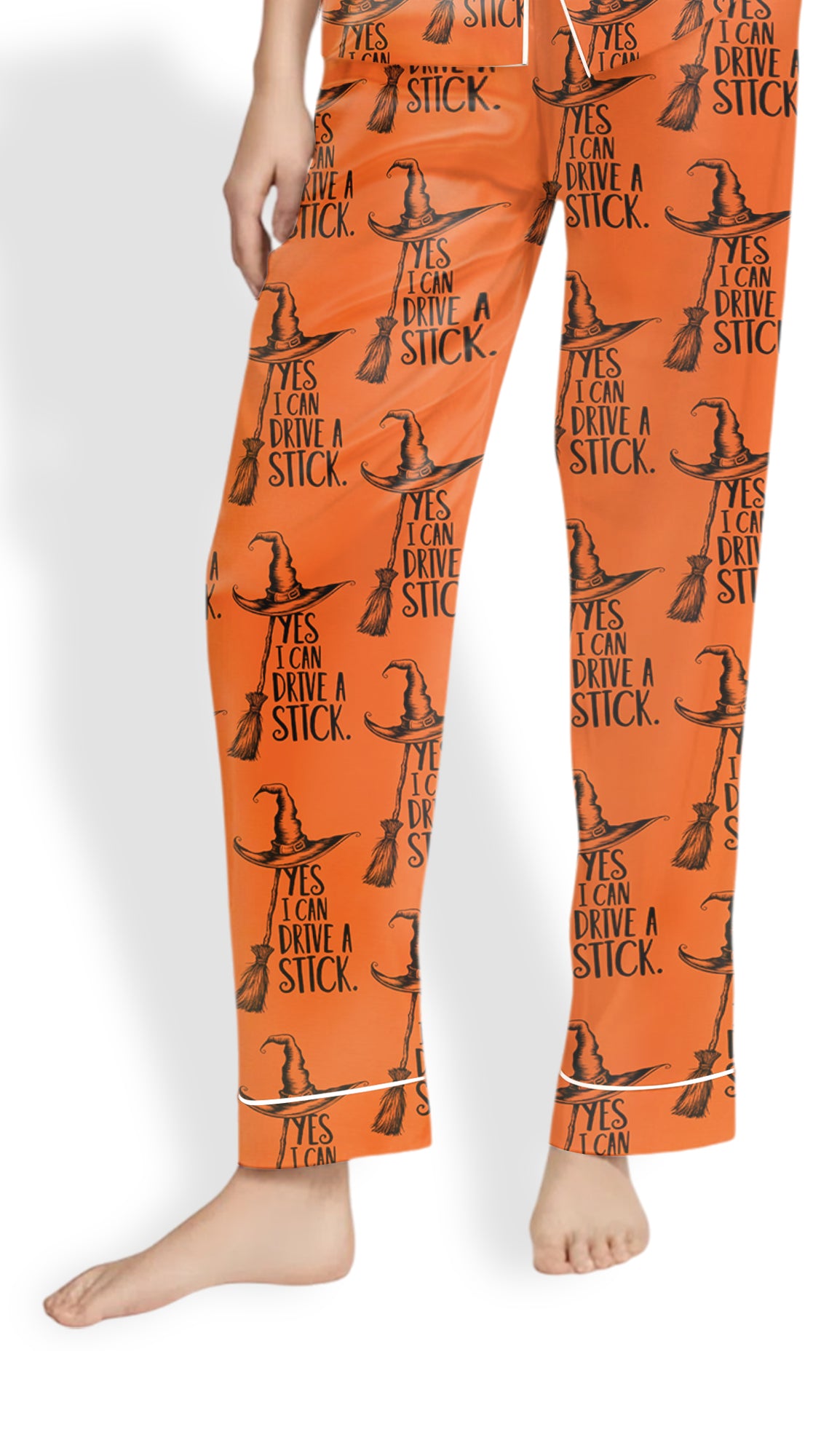 Yes I Can Drive A Stick Pajama Set – Women’s Halloween Witch Long Sleeve Satin PJs