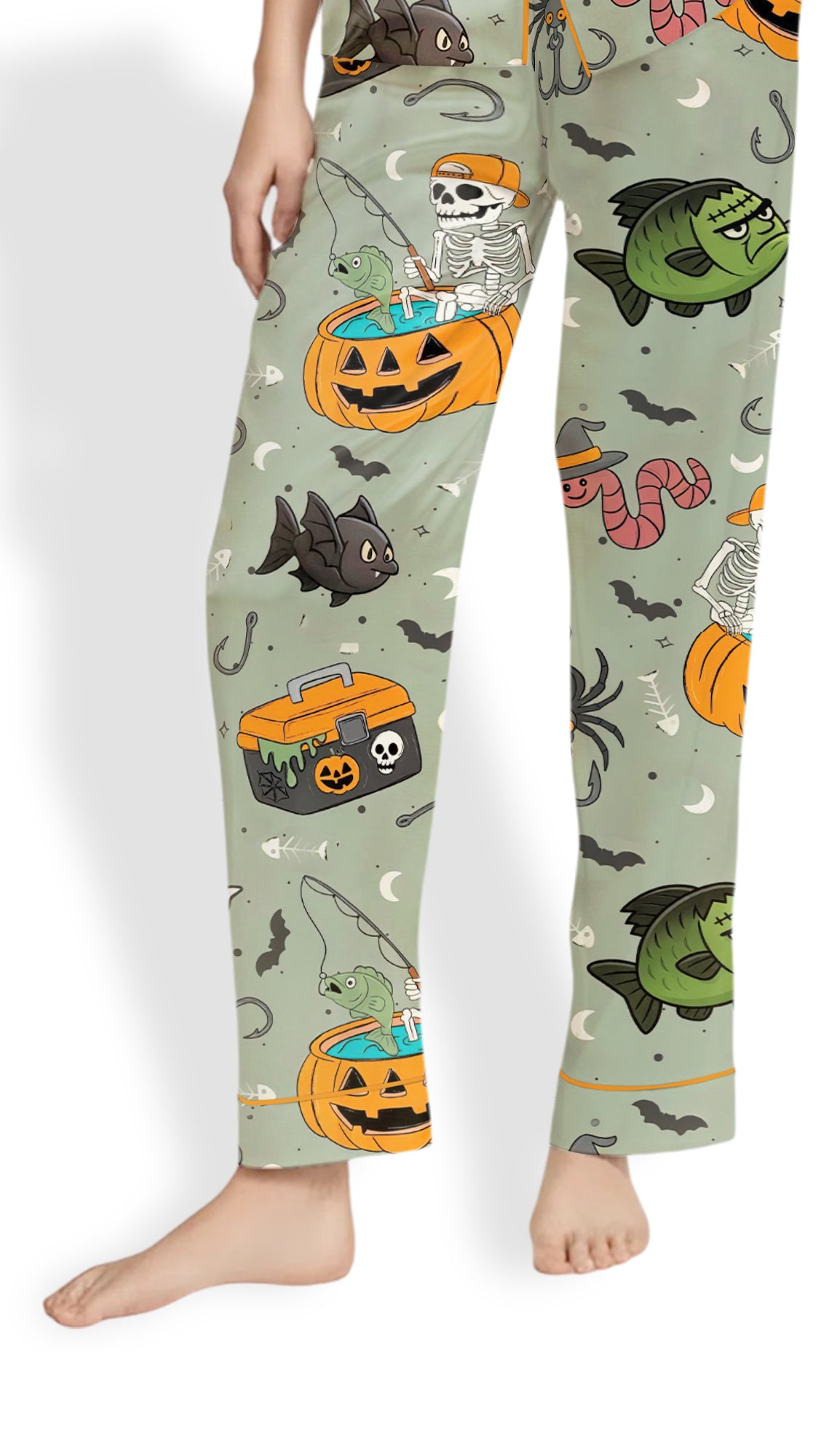 Halloween Fishing Skeleton Pajamas, Women’s Satin Long Sleeve PJ Set