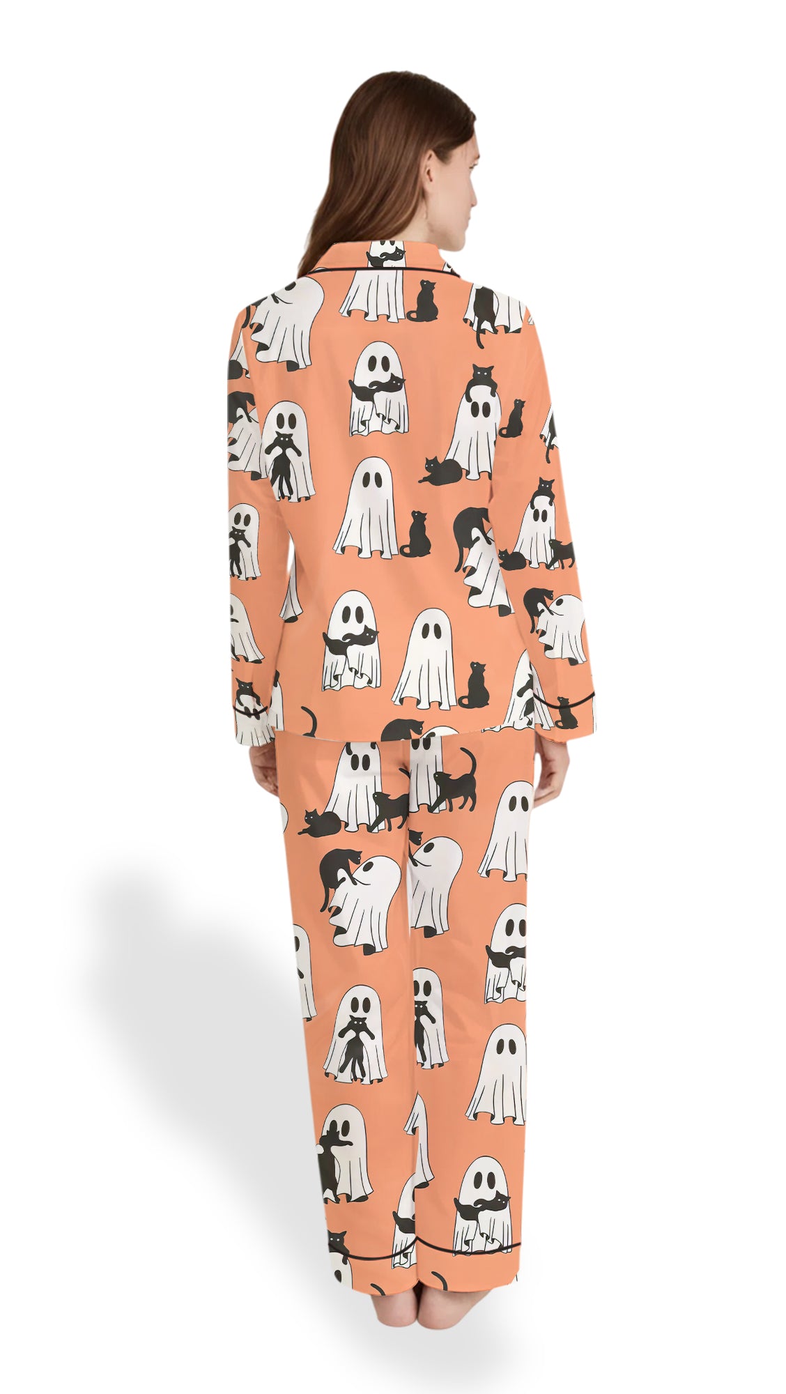 Halloween Ghost Pajama Set – Women’s Retro Ghost Cat Satin PJs