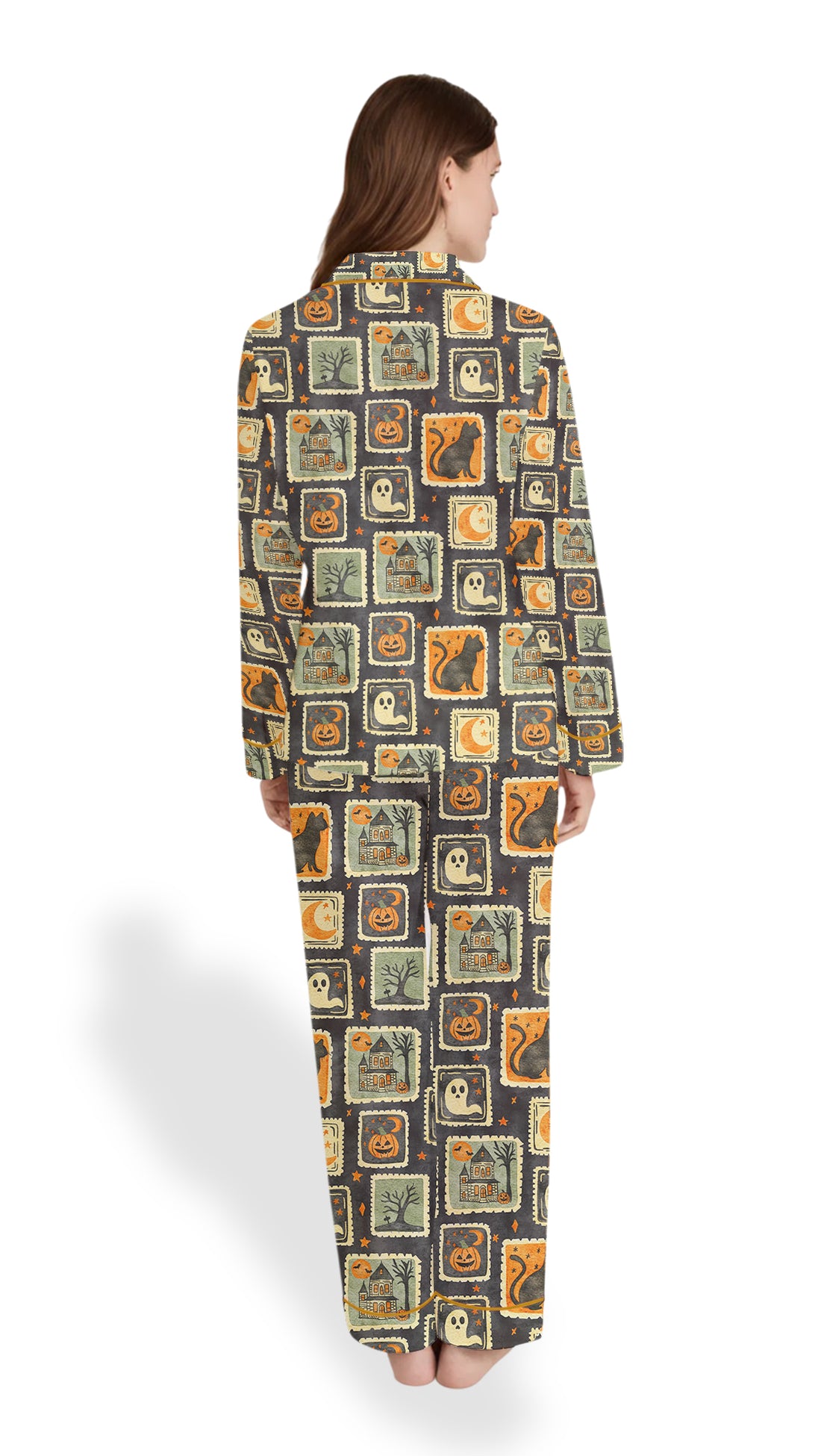 Women’s Watercolor Halloween Pajama Set – Ghost, Black Cat & Haunted House Satin PJs