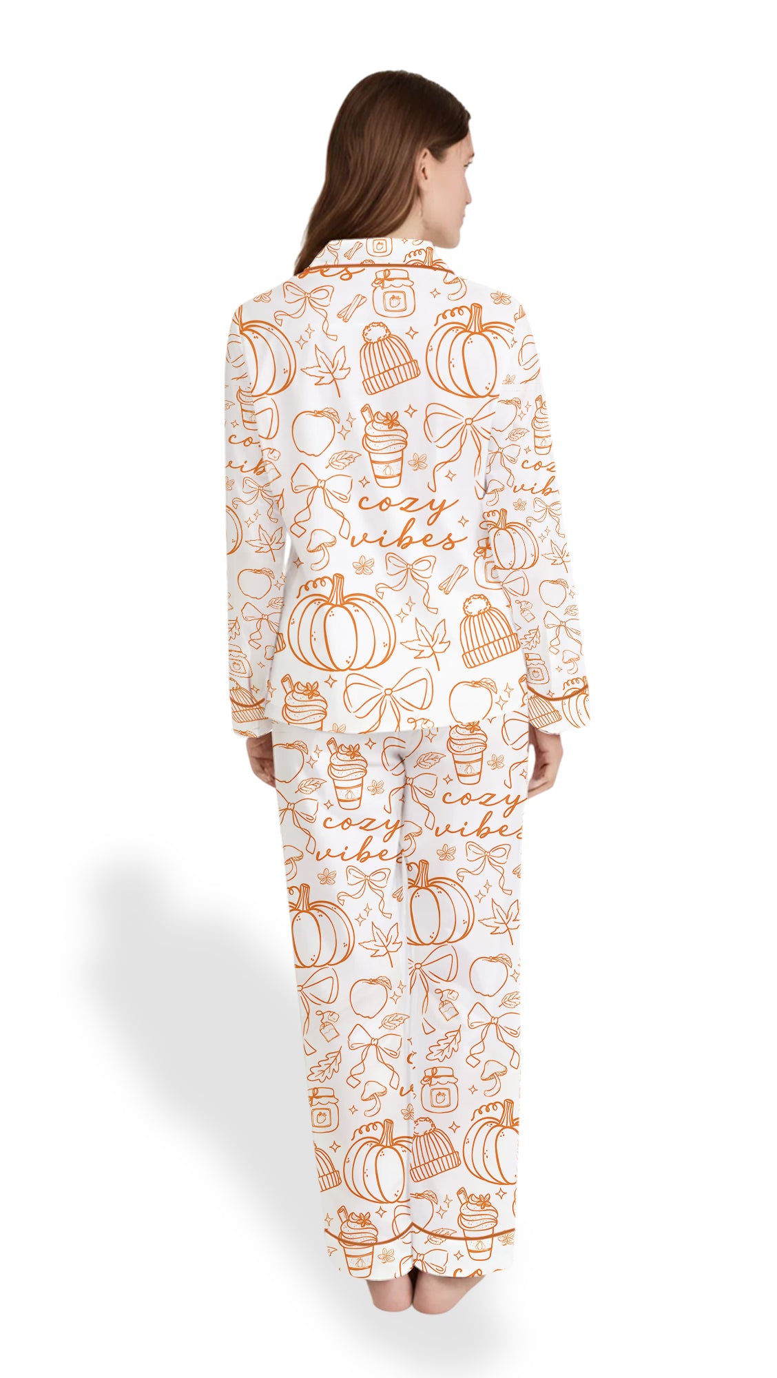 Women’s Coquette Pumpkin Spice Latte Pajama Set – Fall Cozy Satin PJs