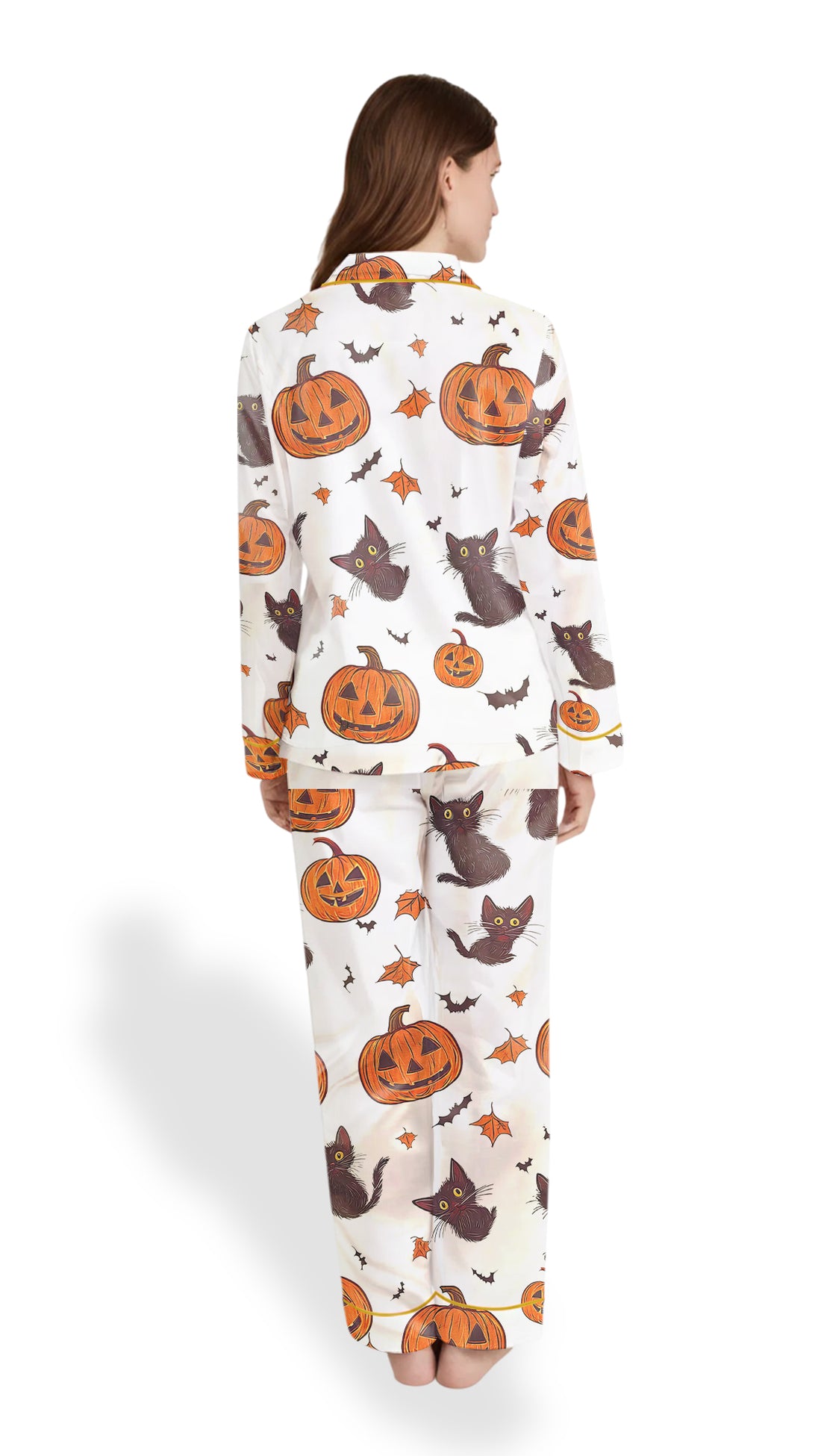 Women’s Satin Pajamas – Halloween Pumpkin Cat Sleepwear