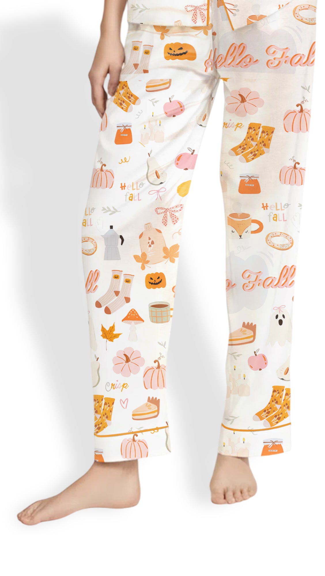 Women’s Fall Cozy Halloween Satin Pajama Set – Pumpkin Spice & Ghost Print