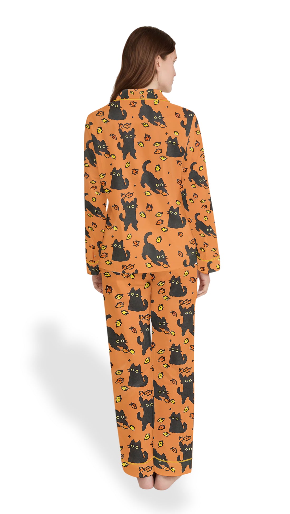 Women’s Black Cat Fall Halloween Satin Pajama Set