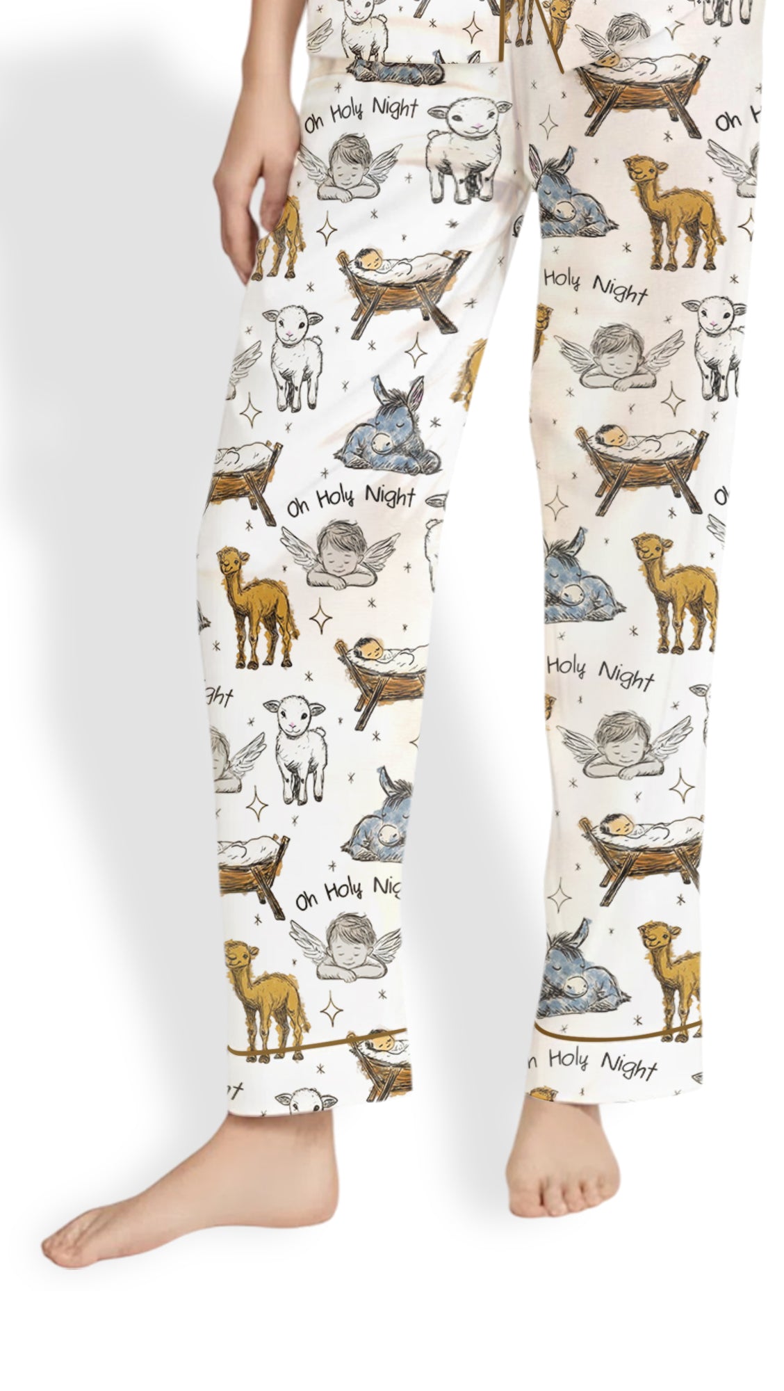 Women’s Baby Jesus Christmas Satin Pajama Set – Manger & Animals PJs