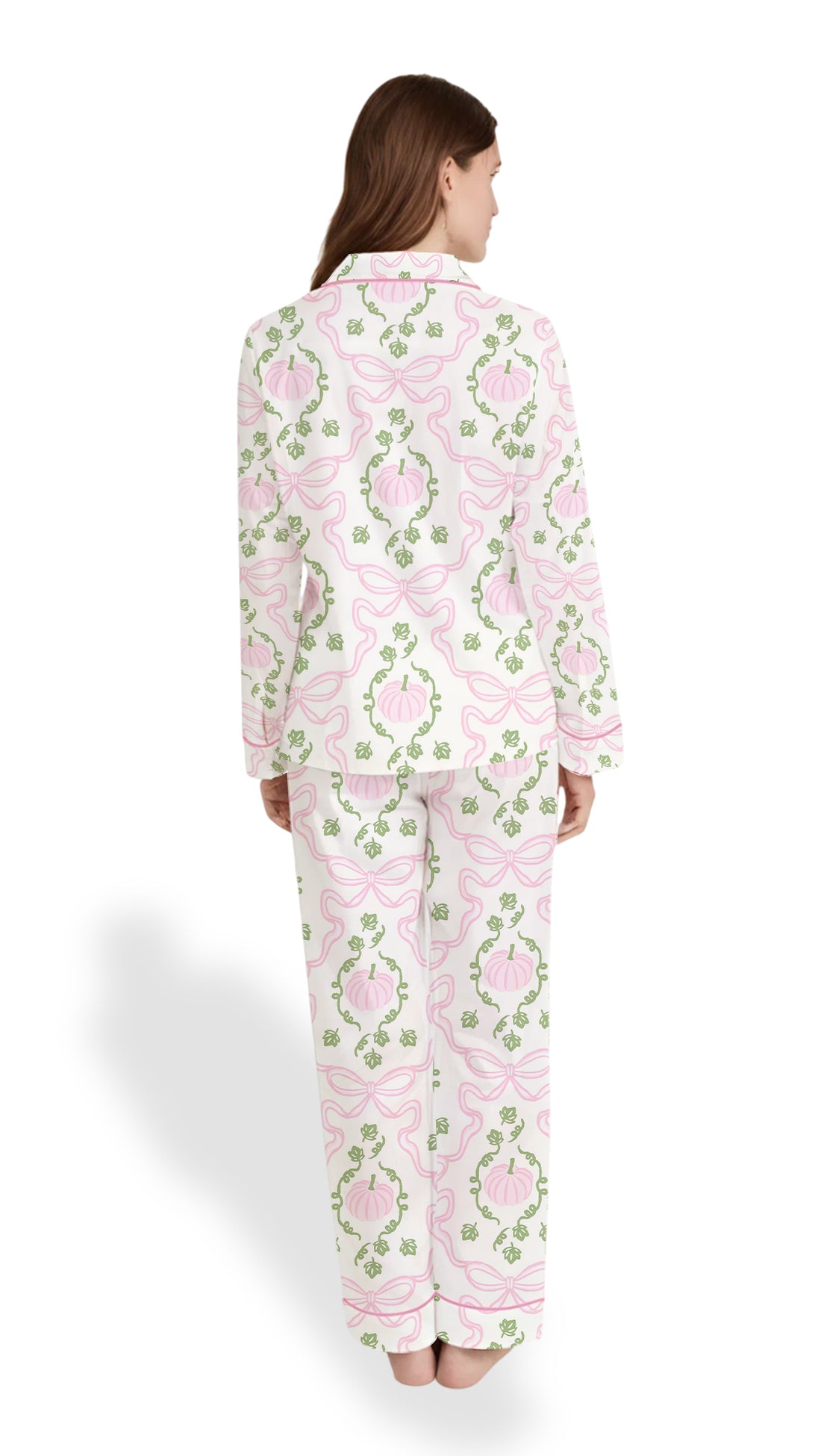 Pink Pumpkin & Bow Trellis Satin Sleepwear- Women’s Fall Pajama Set