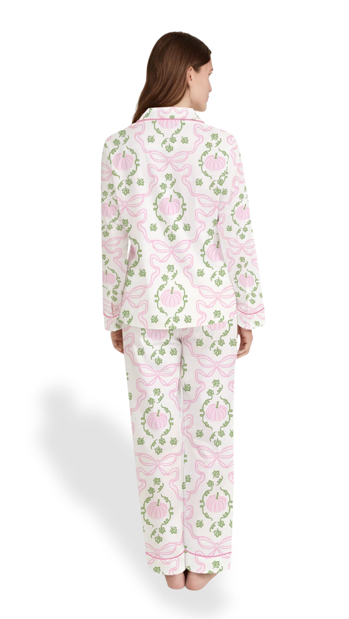 Pink Pumpkin & Bow Trellis Satin Sleepwear- Women’s Fall Pajama Set