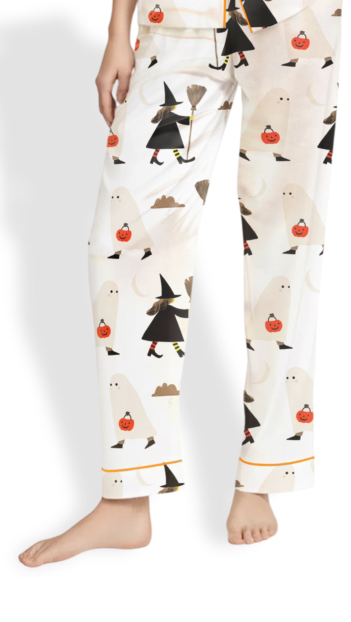 Women’s Halloween Pajama Set – Witch with Broom & Ghost with Pumpkin Satin PJs