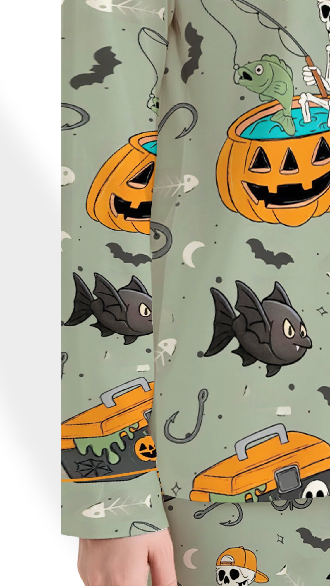 Halloween Fishing Skeleton Pajamas, Women’s Satin Long Sleeve PJ Set